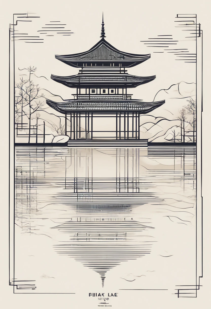 minimal style,logo,lake water,Bamboo slips,folding fan,Hollow-out on,Yueyang Building,siluette
