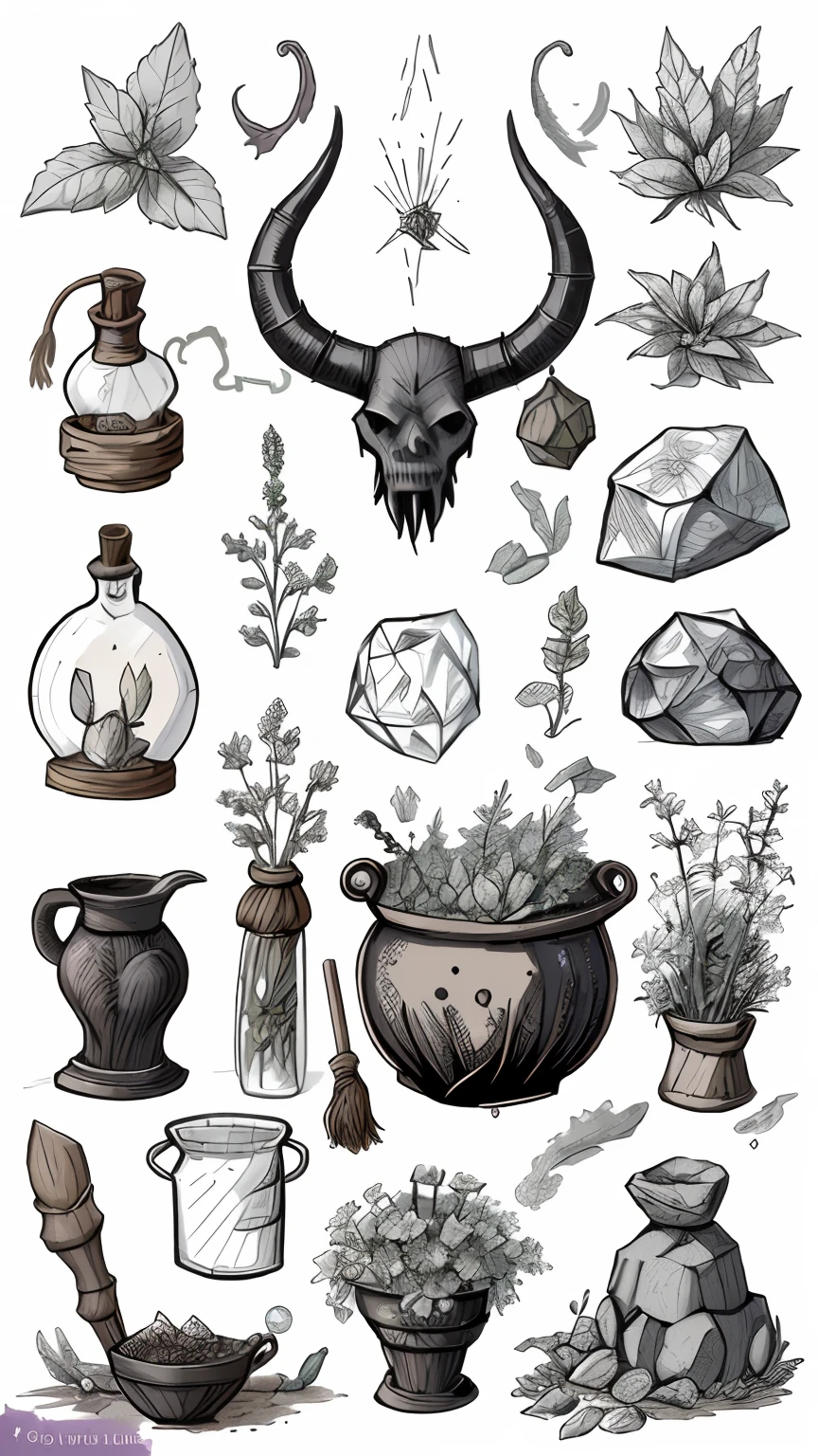 RPG illustration of several separate things active icons fantasy ingredients: healing herbs, wildflowers, empty black witch cauldron, staff, crystal ball, Magic Dust Bag, witch hat...Skyrim style,rustic,flat drawing,well drawn, thick line, earthy color, engraving