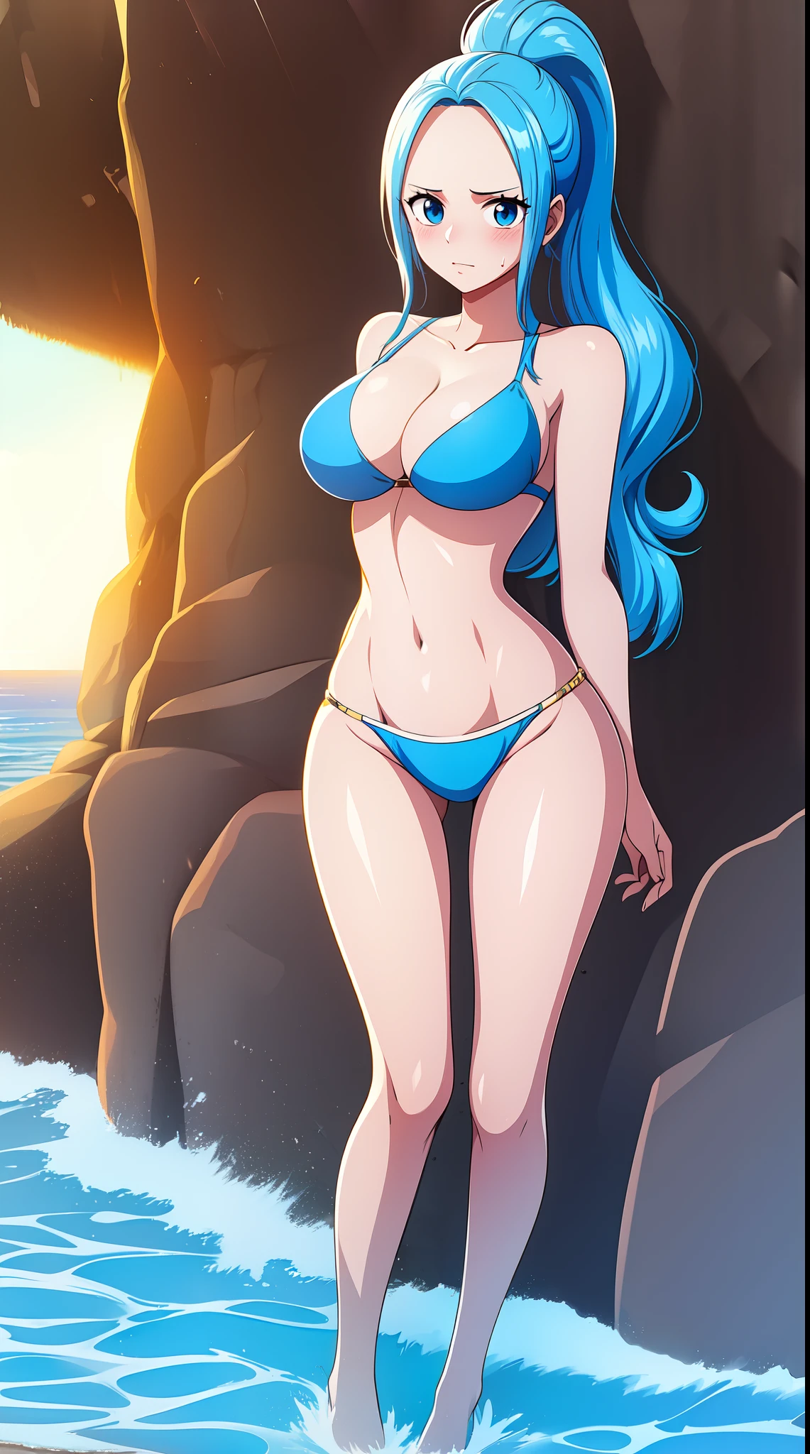 Vivi from one piece,blue ponytail hair, blue eyes, blushing, wearing very high cut thong bikini, standing in the beach, sunrise, shiny skin, wet body, Full body view, high strip bikini,