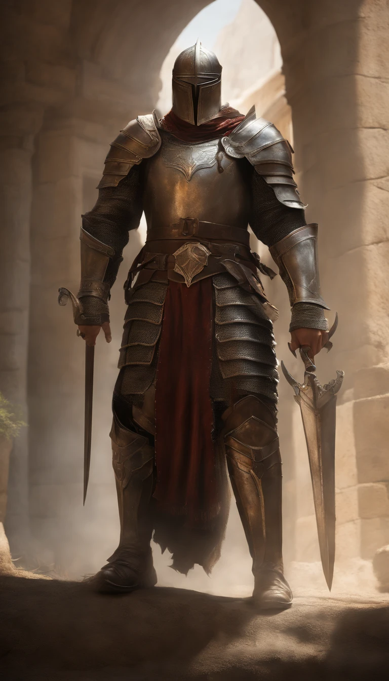 (best quality,4k,8k,A high resolution,master part:1.2),ultra-detalhado,(Realistic,fotorrealista,photo-realistic:1.37),A sword-wielding demonic armored warrior stood in the hall, Retrato de corpo inteiro do cavaleiro misterioso, usando armaduras pesadas，A holy warrior wielding a legendary sword, Mythical warriors in full-body armor, Um cavaleiro de ouro com armadura divina, The helmet is decorated with the devil's horns, Os olhos brilham vermelho-sangue, Arte conceitual para figuras gloriosas, Cavaleiro da Armadura Carmesim, epic paladin armor, Santo cavaleiro medieval, ajoelhar-se sobre um joelho, Blades embedded in the earth, submission, tiro de corpo inteiro.Mulher com Agnes Cecile, Design brilhante, pastels colors, gotas de tinta, Luzes de outonomelhor qualidade,4k,8k,Alto,master part:1.2,ultra-detalhado,(Realistic,fotorrealista,photo-realistic:1.37),descida de anjo,illustration,Luz Celestial,Ethereal,tristeza,cores suaves,asas de anjo,aura brilhante,serene expression,Endless Sky,harmonia,brisa suave,silhueta das nuvens,luz solar atravessando as nuvens,peaceful atmosphere,beleza divina,elementos sobrenaturais,movimentos graciosos,Sparks of Magic,figura flutuante,sentimento edificante,energia alegre,sense of wonder,seres celestiais,dreamlike scenery,tranquilidade,efeito luminoso,Coro Celestial,paisagem celestial,Uplifting Emotions,Reino Espiritual,Angelic Presence