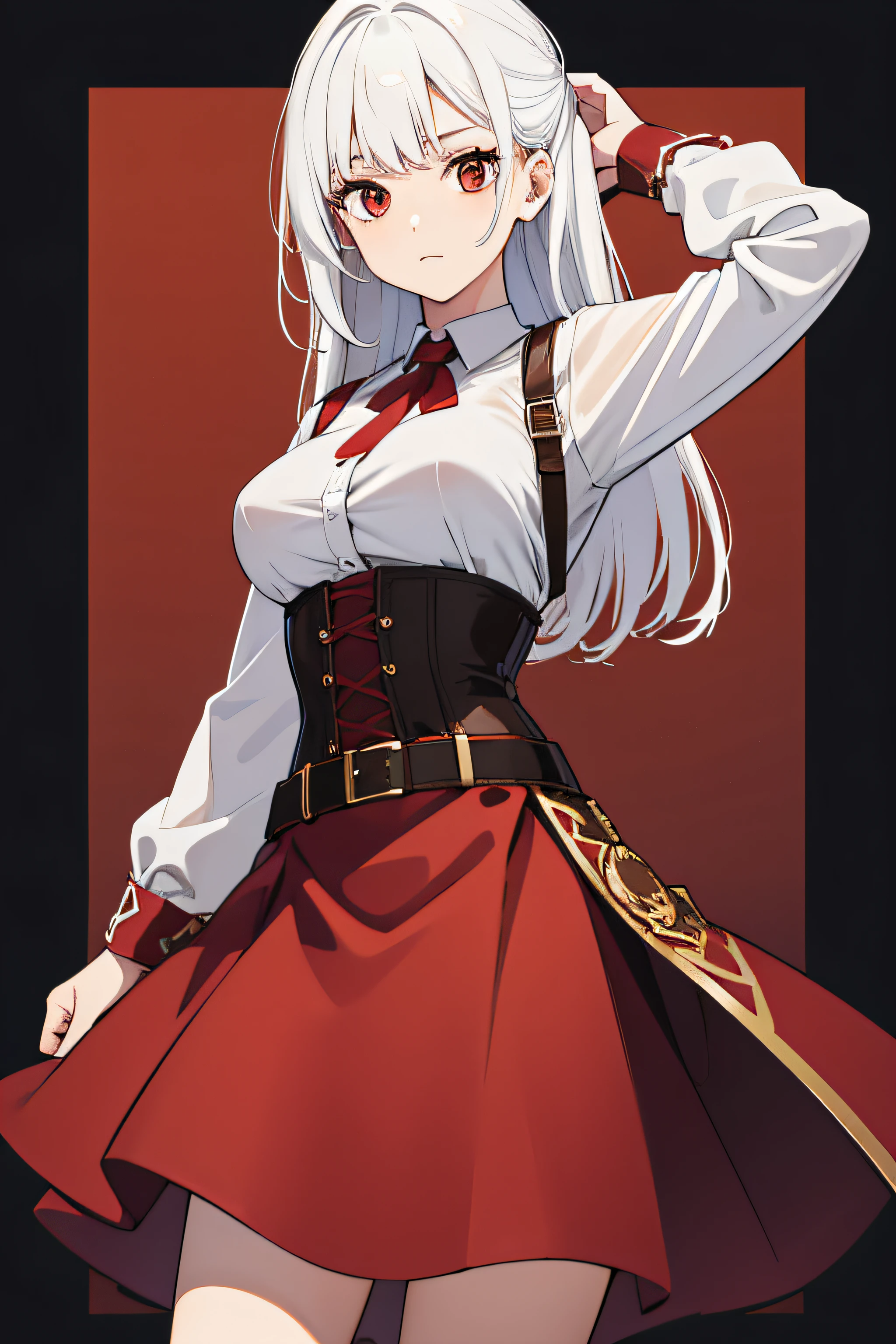 girl 15 eyars,red eys,white hair,Red skirt,T-shirt with brown belt and brown corset,breasts,red sleeves