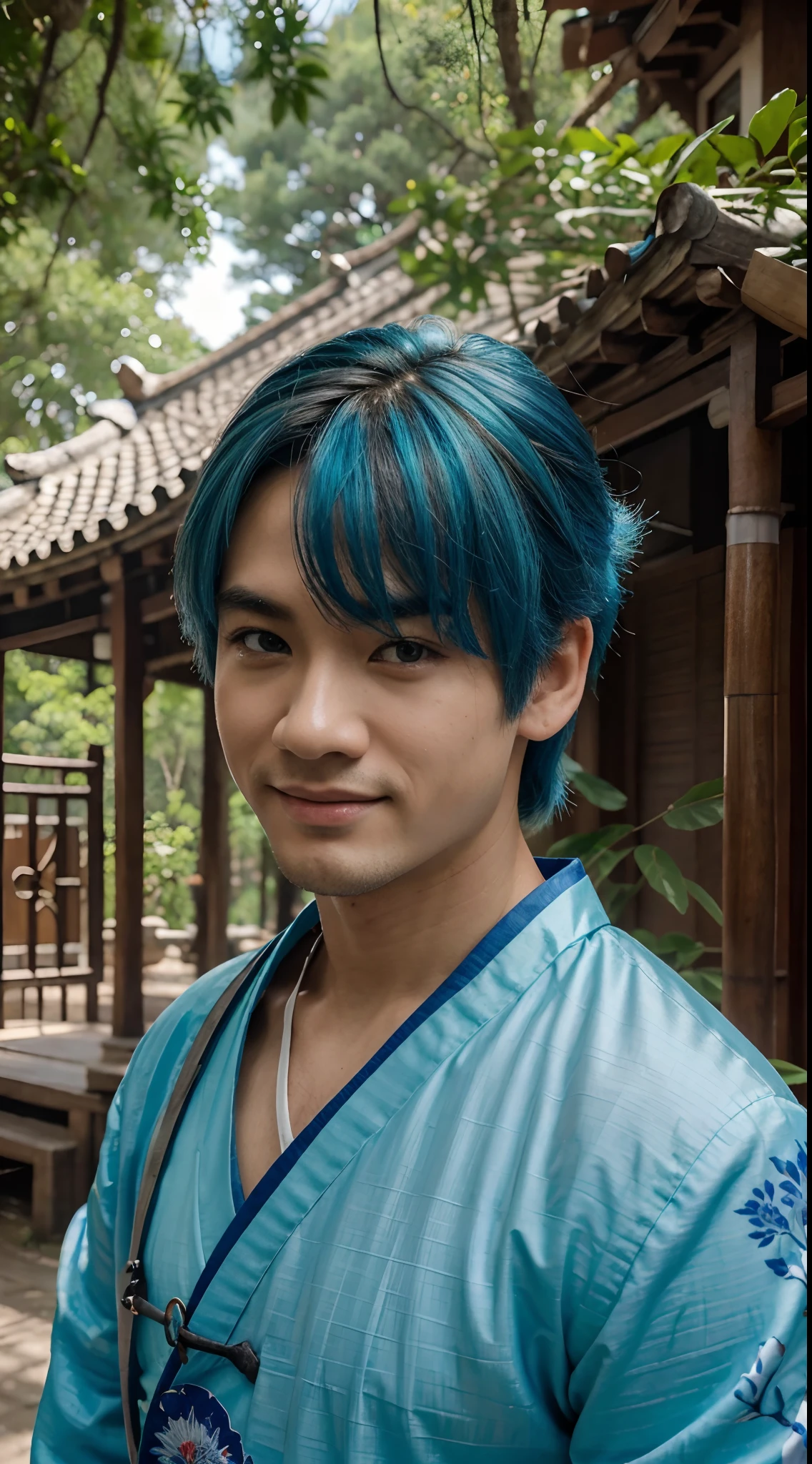 master part, best quality, Arte Oficial, Papel de parede 8K, Very detailed, illustration, 1 menino, Chinese style, tinta, cabelo azul celeste, cabelos longos, Olhos detalhados, Forrest fun, bareshoulders, Hanfu, lago, tou, sorriso suave, bambu, Tea