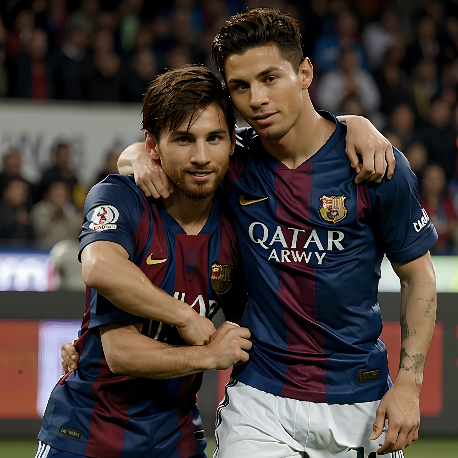 Messi and Ronaldo hug realistic