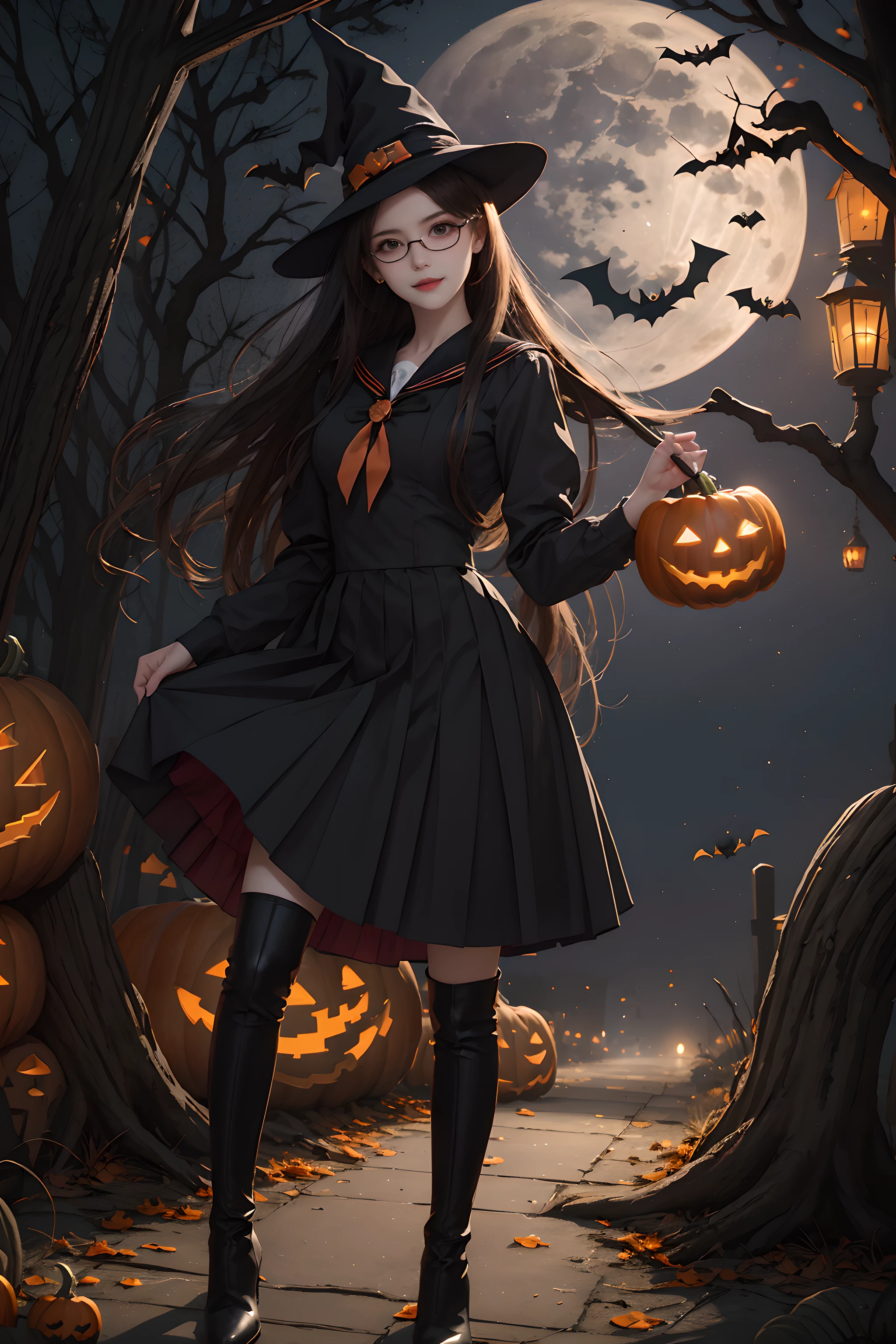 (Halloween theme:1.5), BREAK, A beautiful and powerful witch stands in the middle of a mysterious forest filled with sparkling lights of magic circles in the air and mythical tree stumps under full moon, BREAK, 1girl, magic, magic circle, tree, sky, star (sky), scenery, solo, outdoors, starry sky, night, dress, grass, moon, (red full moon:1.3), black cat, ghost, jack o'lantern, ,wearing (fusion of witch dress and sailor uniform:1.3), (red pleated skirt:1.3), (black stockings:1.3), (black boots:1.3), (wearing a glasses:1.3),