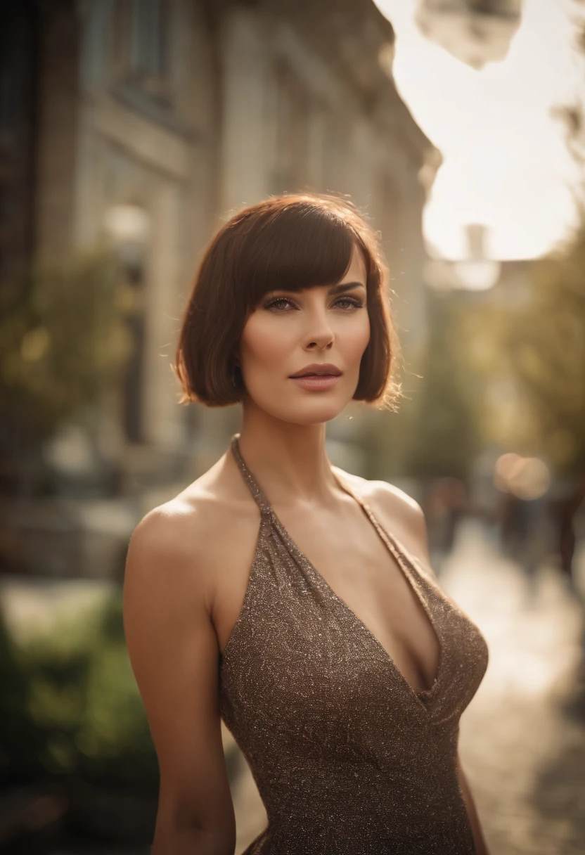 best quality, 1girl, (skindentation), (huge breast:1.2), (blur background:0.6), (street:1.2), (people, crowds:1), garden, day, outdoor, (casual yet stylish, elegant cloth, high neck dress:1.5), gorgeous, (bangs, short hair:1.5), (floating hair:1.2), (dynamic pose:1.2), soft lighting, wind, (front light:1.5),  makeup,