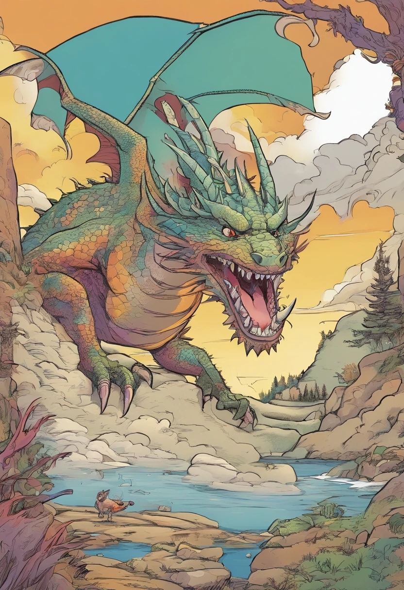 aszkstzz, no humans, scales, horns, dragon, claws, open mouth, nature, water, fire, outdoors, tail, sharp teeth, teeth, monster, tree, solo, score_9, score_8_up, score_7_up, score_6_up, score_5_up, score_4_up