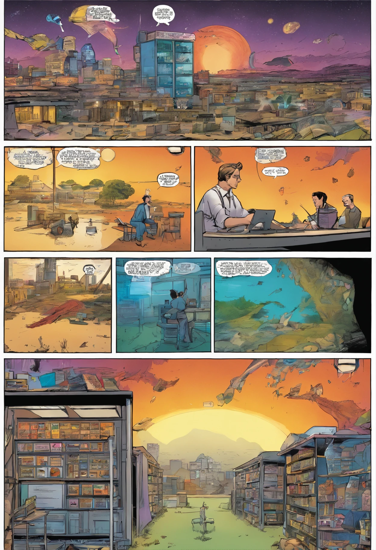 American comics, the comic story is presented in multiple irregular panels with color. A Professor First check a normal computer in his reacharch center then shift in a super computer then find out a meteorite
