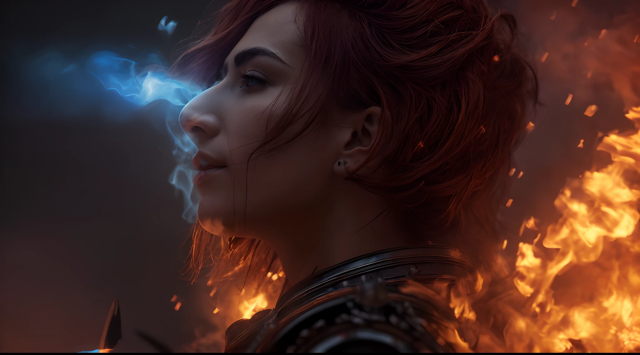 ((masterpiece,best quality))
grey skin,from the side, fiery hair, blue fire, cowboy shot, Breastplate, armor, 
| cinematic composition, dark theme,  blue fire, 
| bokeh, depth of field, cinematic composition, |