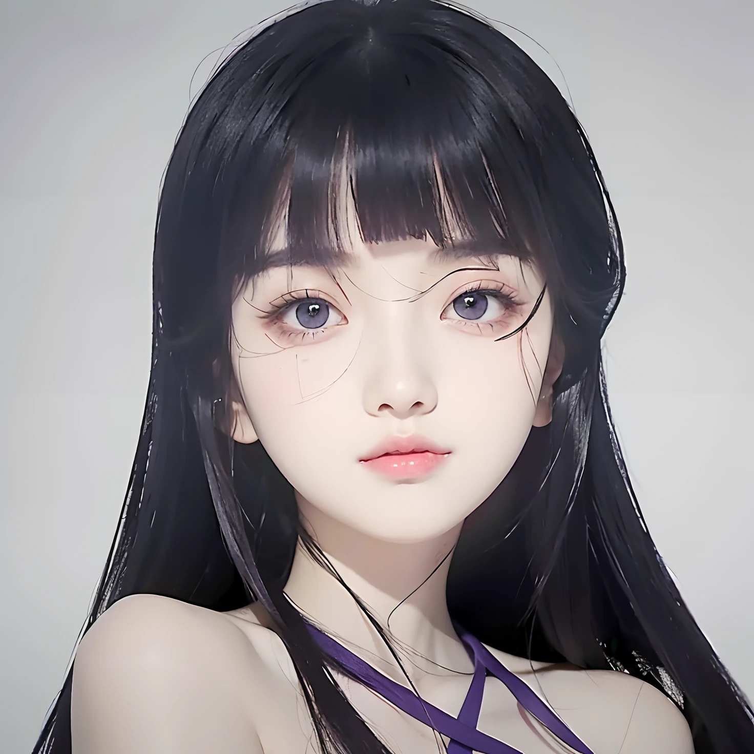 A girl with long black hair, bright purple eyes, beautiful Korean face, white skin, black clothes, Realistic light, realistic background, realistic shadows