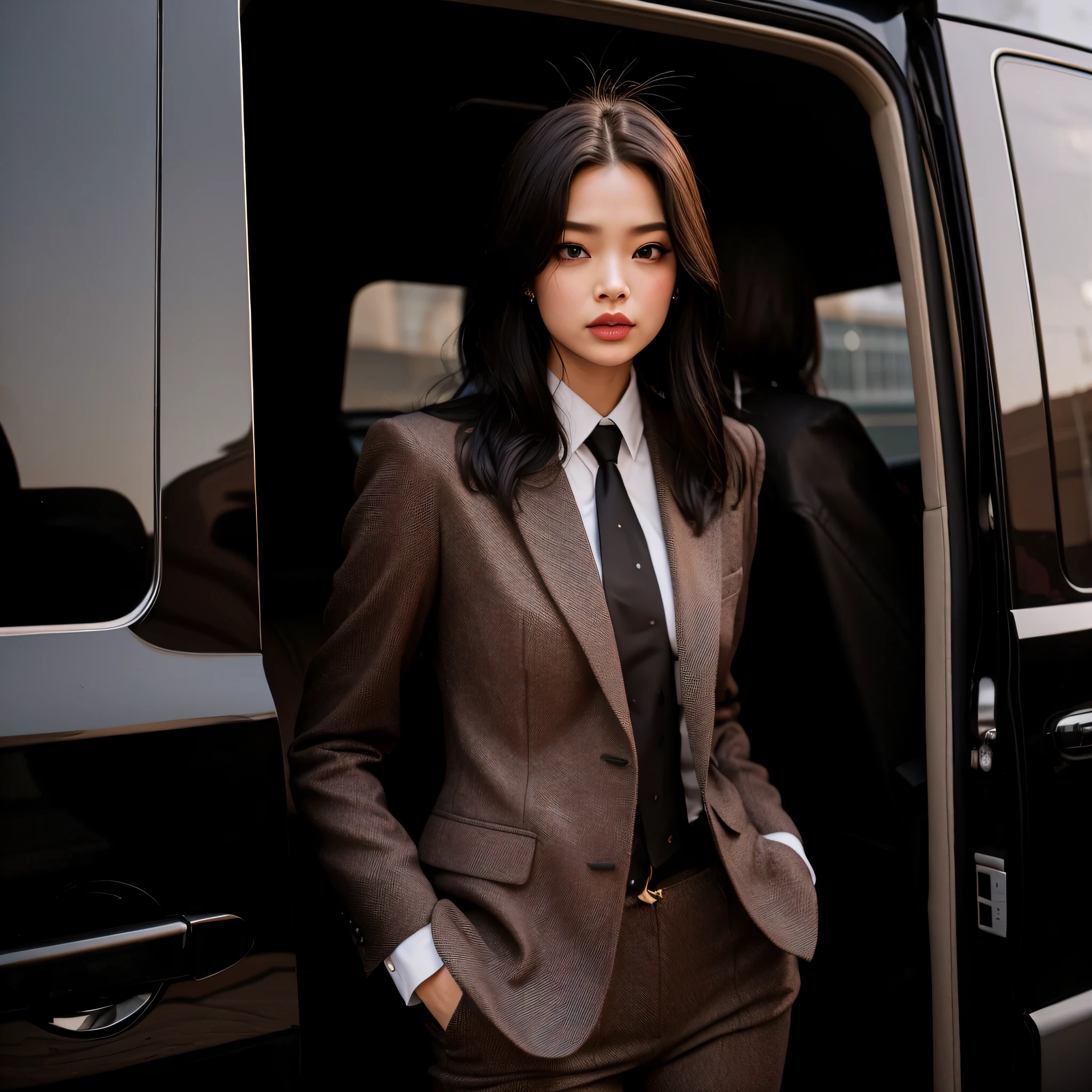 Mujer de traje y corbata de pie frente a un coche, Chica de traje, Chica con traje, Blackpink Jennie, Llevar traje de negocios, usar un traje de negocios, In a worn-out brown suit, Traje de lujo, Traje de negocios, Llevar traje, Vestido con traje de negocios ?????, en un traje, en un traje de negocios, Vestimenta de negocios, usar un traje
