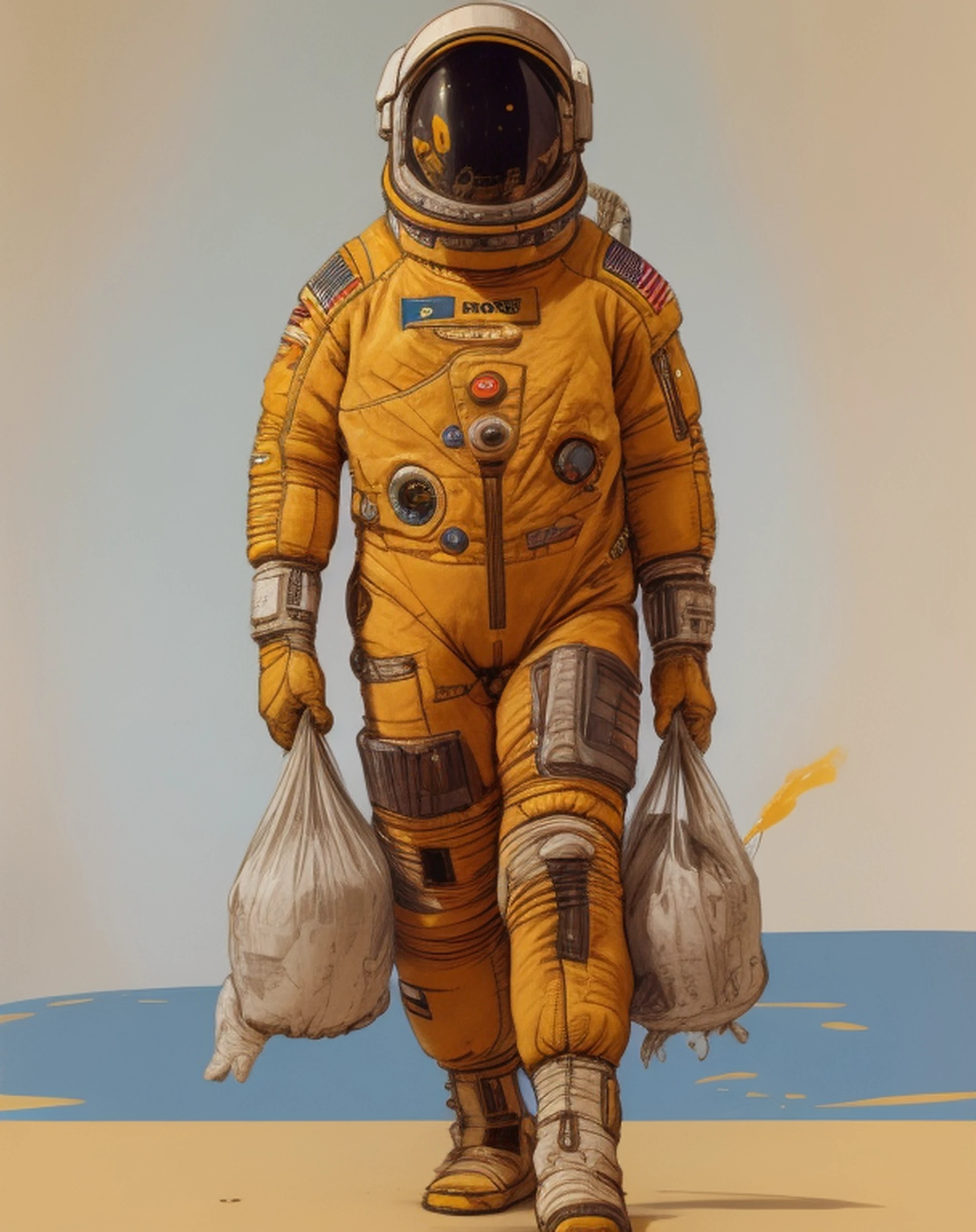 Photo of a man in a spacesuit with a bag of garbage, dressed in a spacesuit, Yellow spacesuit, Fully suitable for indoor use, Dusty spacesuit, spacesuit, with a space suit on, portrait of astronaut, style by Craig Mullins, spacesuit, portrait of an ai astronaut, Futuristic spacesuit, Detailed spacesuit, in a flight suit, futuristic astronaut
