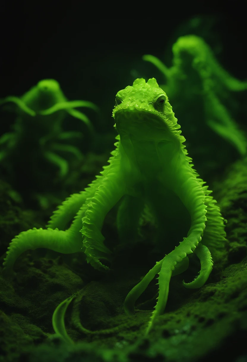 Under the shroud of nuclear contamination, Marine life around the world began to mutate, Transform into a monster form. The entire picture is covered in fluorescent green tones, Symbolizes nuclear radiation. Light shines down from the surface of the water, The bizarre shapes that illuminate these mutant creatures. The picture has a wide depth of field, The endless ocean is filled with the figures of these monsters, Form a big picture.,Kunxing Magazine,