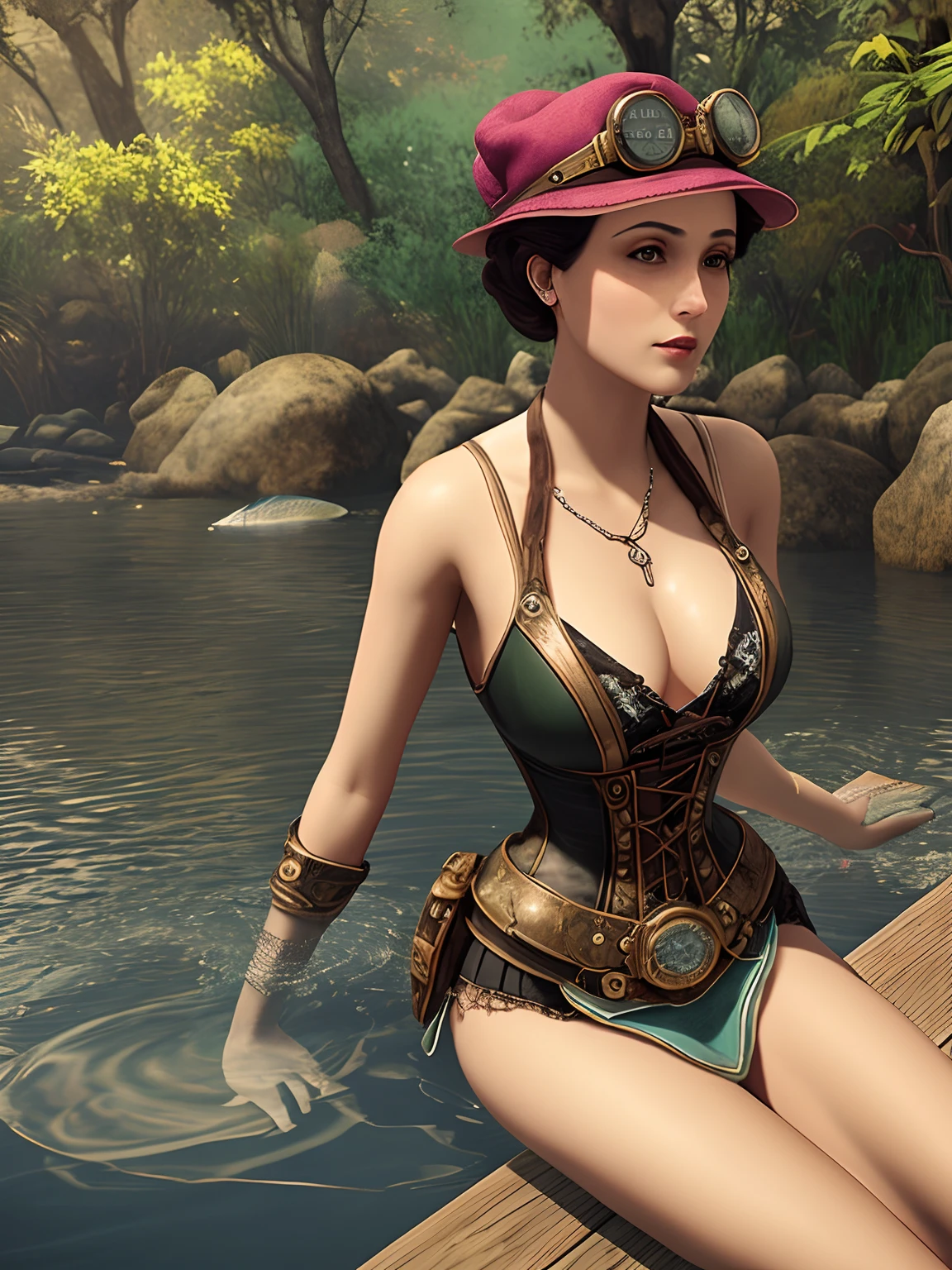 mulher anos 1900s sentada em um peixe com uma cela ornamental estilo Steampunk fundo cidade romana. realism HD 16k.
