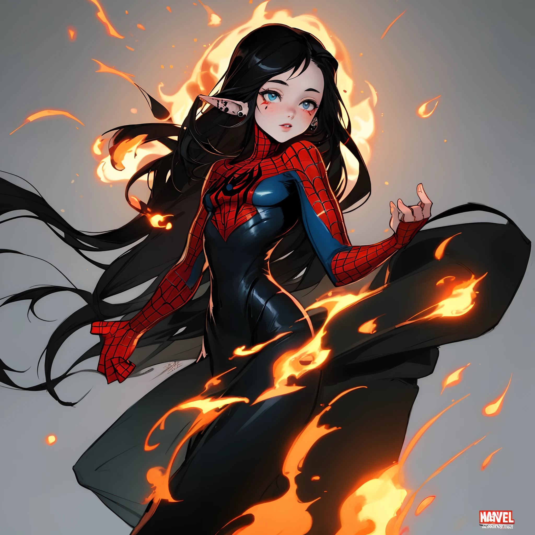 asian female spiderman oc with long black hair that covers her eyes a littlea and pale skin, her eyes being red, small scar over her left eye, tribal flames tattoo on left arm, pointed ears, gauges and other piercings, marvel comics style