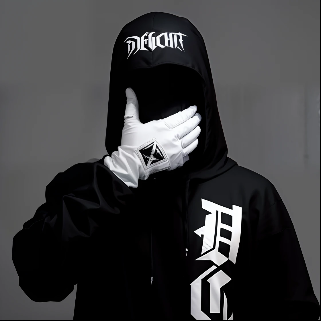An Arafed man wearing a black hoodie covering his face with his hands , mains Porter des gants blancs, hat and hoodie, doper, Occultiste Techwear, Hood couvre ses yeux, inspired by Zhu Da, highly detailed, Techwear Clothing, streetwear, Tir de presse, Vêtements de style Die Antwoord, Chiffrement secret, fond blanc super4k
