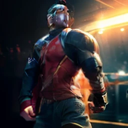 guy wearing a black and red pro wrestling mask and black and red wrestling tights