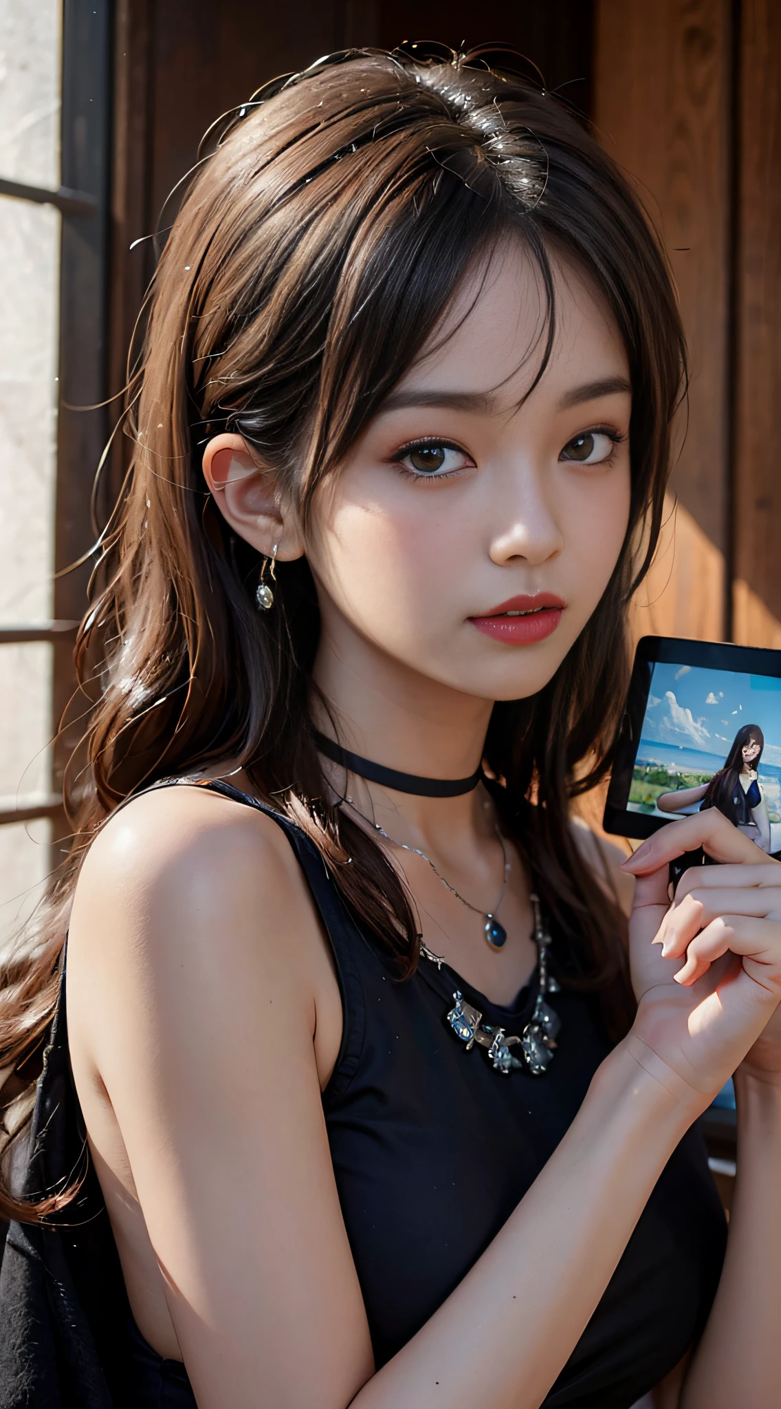 ((​masterpiece:1.4)、(top-quality:1.4)、(reallistic:1.7))、masuter piece:1.4、Super realism of a beautiful girl、Kawaii Girl、Portrait photos、Close-up photos、Upper body photography、beautiful countenance、beautidful eyes、bright expression、Be curious、photographed_Norinobu Shinoyama、Bright studio shooting、Coco Chanel costumes、Narrow waist、Beautiful udder、large full breasts:1.2、poneyTail、Raw photo、red-lips、hair adornments:1.2、a choker:1.4、a necklace:1.4、耳Nipple Ring:1.4、1 screen display、