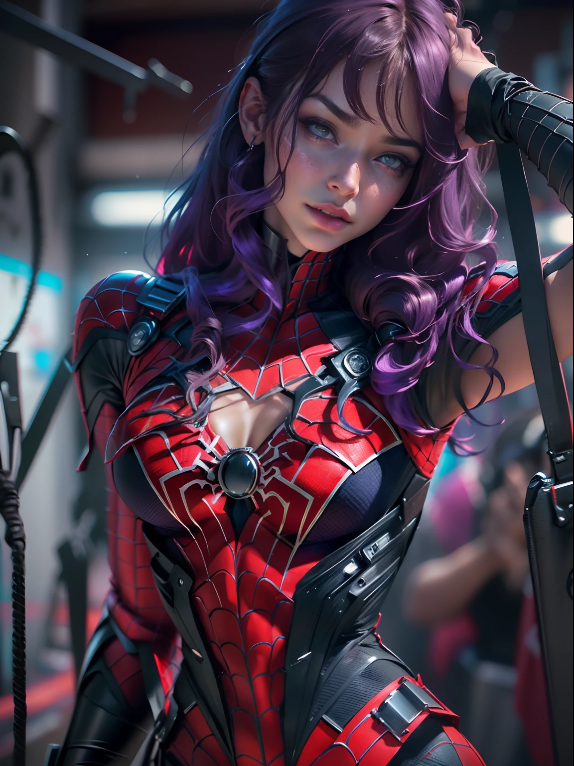 (fotorrealista, Obra maestra, Super detail, Galardonado, 8k:1-2), beautiful woman, Cuerpo definido detallado, Usando el cosplay de Spider Man Morado y rojo, 1girl, solamente, atmosphric perspective, NIKON, piel texturizada