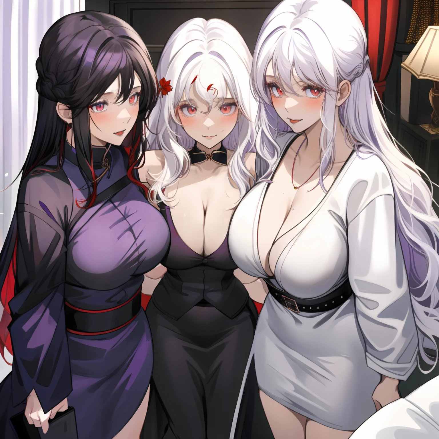 A Shy school girl with flat chest, wavy hair, white hair, red eyes standing in living room with her seductive milf mom with white wavy hair, purple eyes and massive breasts Alongside her sister whose a cool goth tomboy with big breasts, black hair and red eyes. family, living room, 3 girls