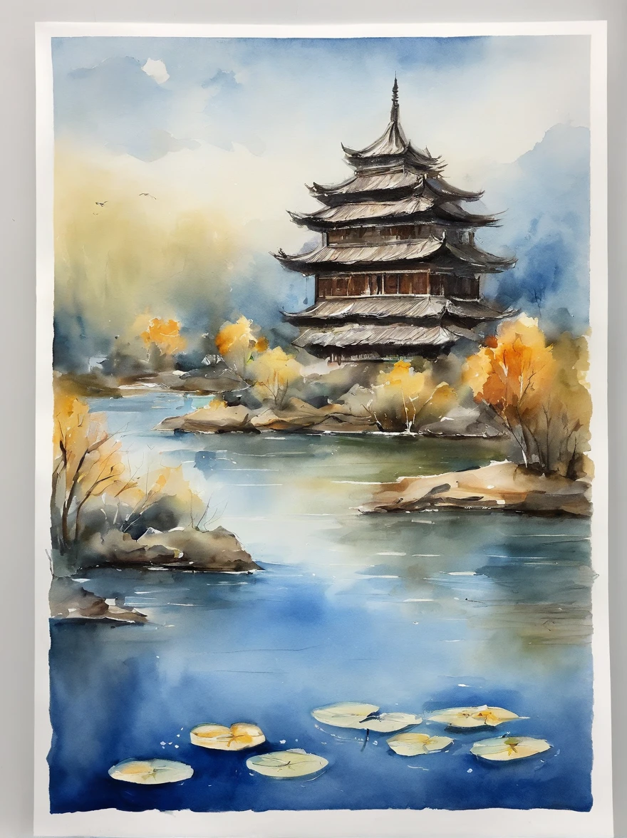 Blue and yellowish logo,There is a pagoda in the middle, Yueyang Building,Dongting Lake,Yue Yang,folding fan,