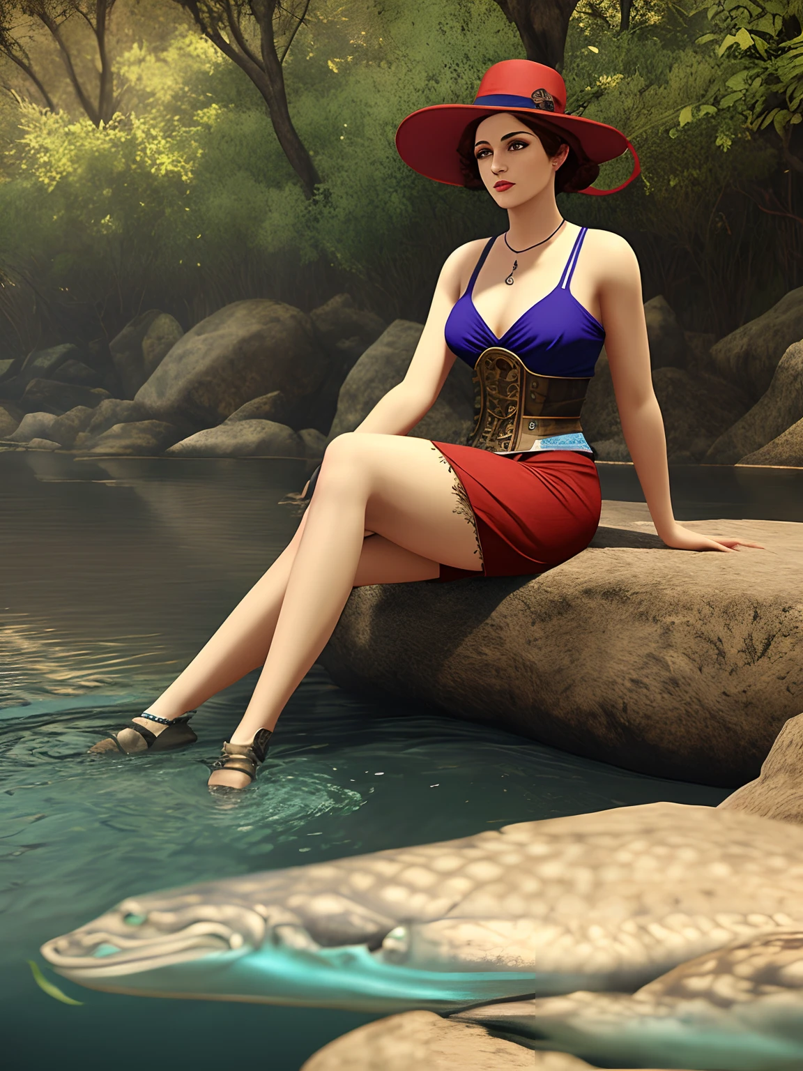 mulher anos 1900s sentada em um peixe com uma cela ornamental estilo Steampunk fundo cidade romana. realism HD 16k.