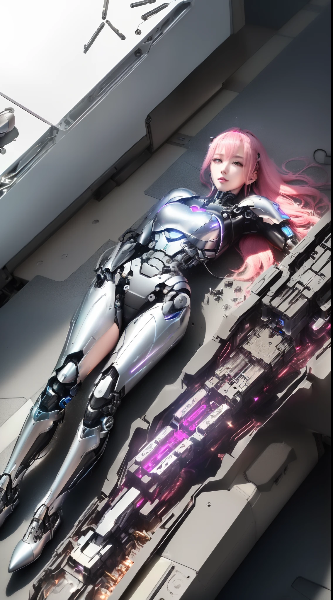 ((masutepiece)), ((top-quality), high quarity、ultra-definition, (Realistic), ((well proportioned face))、fulcolor 、(scientific fiction)、(独奏)、Beautiful robot woman without heart、Emotionless combat robot、(Perfect robot joint)、(Detailed electronic board)、(Machine frame)、(White porcelain mechanical armor)、(Oval curvaceous face)、(Almond-shaped eyes without heart)、thin mouth、deadpan、((Perfect mechanical two-handed))、(Cyberpunk City during the day)、Perfect robot legs、lying on floor、From above、A pink-haired、high-heels