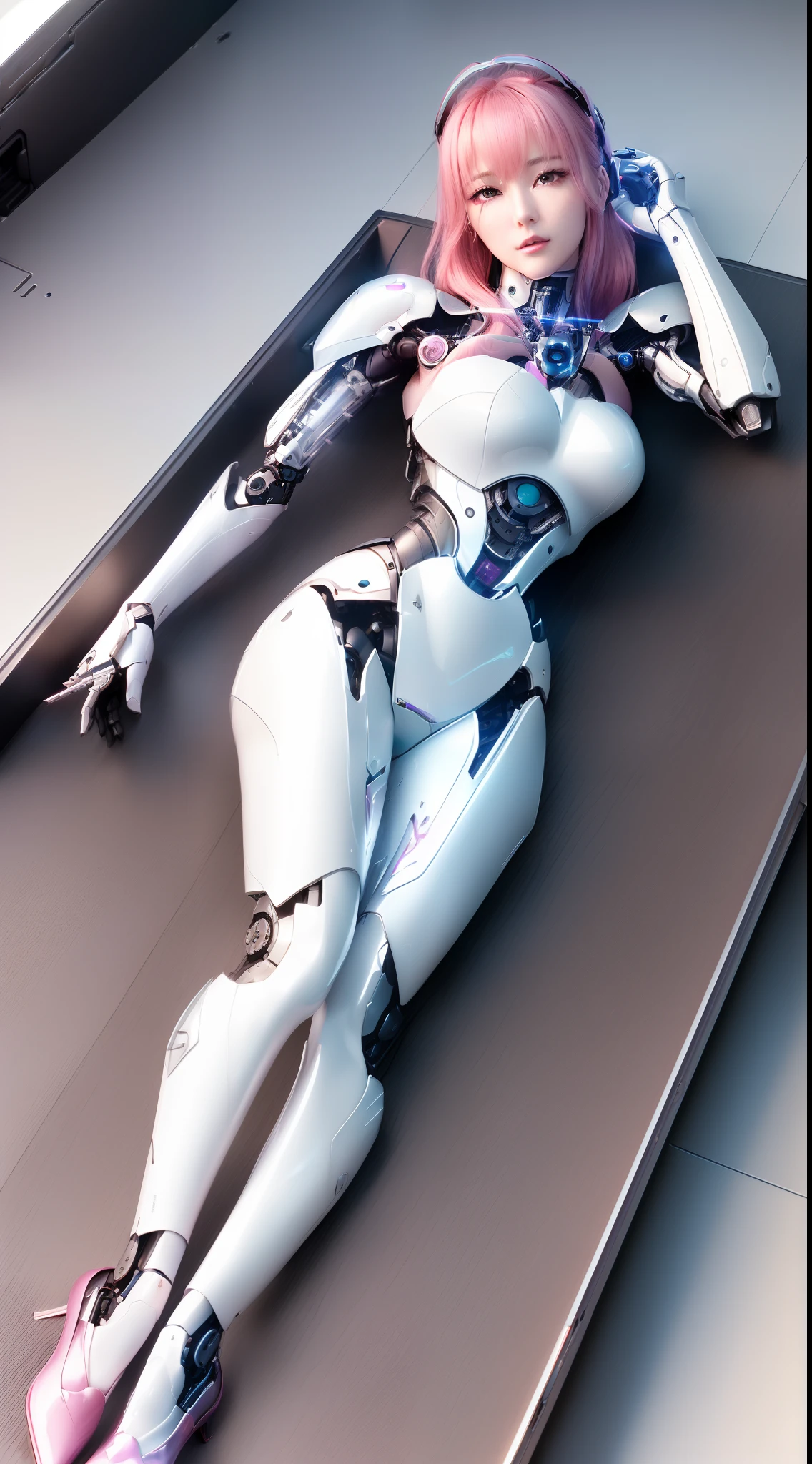 ((masutepiece)), ((top-quality), high quarity、ultra-definition, (Realistic), ((well proportioned face))、fulcolor 、(scientific fiction)、(独奏)、Beautiful robot woman without heart、Emotionless combat robot、(Perfect robot joint)、(Detailed electronic board)、(Machine frame)、(White porcelain mechanical armor)、(Oval curvaceous face)、(Almond-shaped eyes without heart)、thin mouth、deadpan、((Perfect mechanical two-handed))、Cyberpunk City during the day、Perfect robot legs、lying on floor、From above、A pink-haired、high-heels