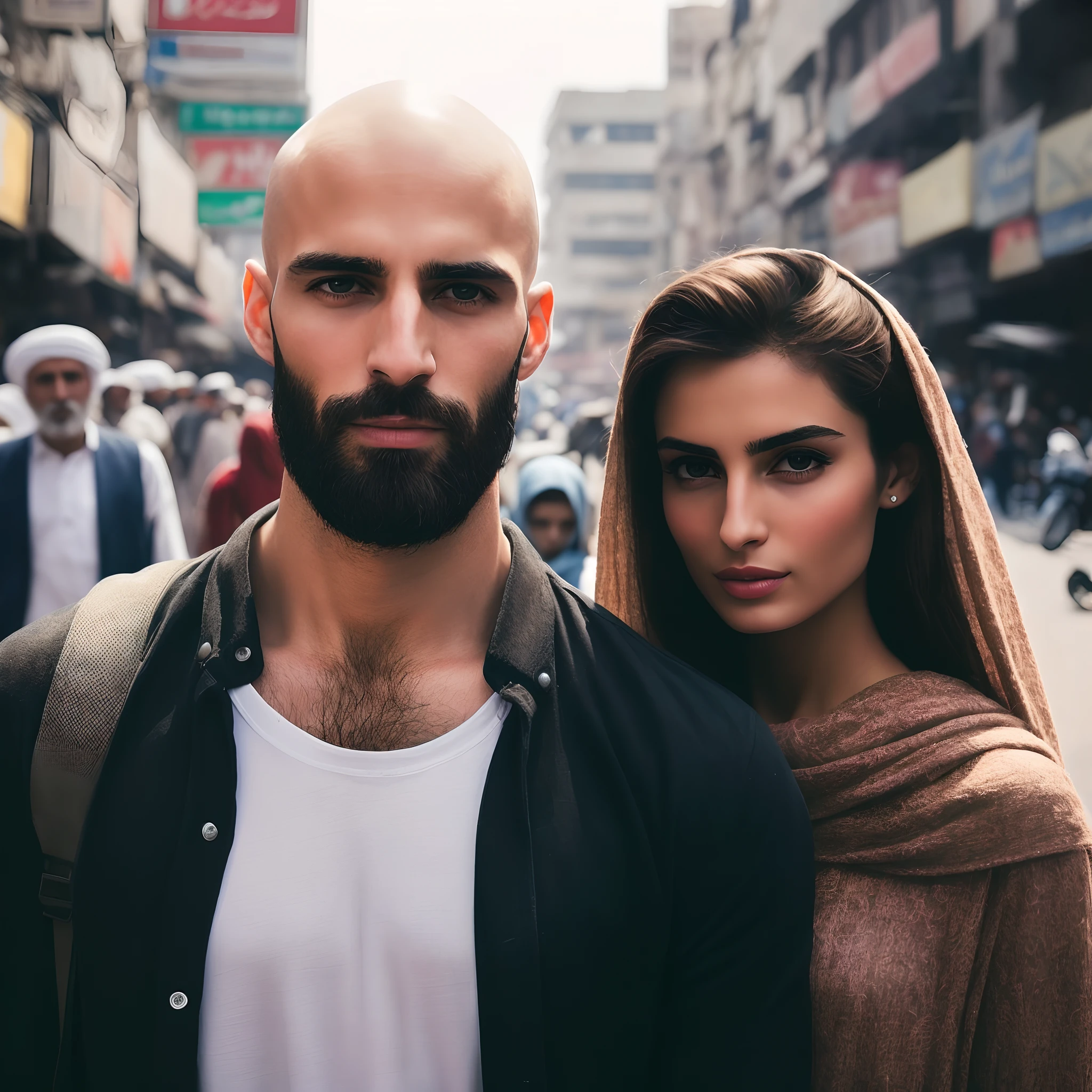Bald man and gorgeous woman model standing in a crowded street, in smart casual wear, 7 0 mm portrait, 60mm portrait, 50mm portrait, couple portrait, middle eastern skin, portrait shot, inspired by Steve McCurry, handsome face and beautiful face, 3 5 mm portrait, extremely beautiful, very extremely beautiful, high quality portrait