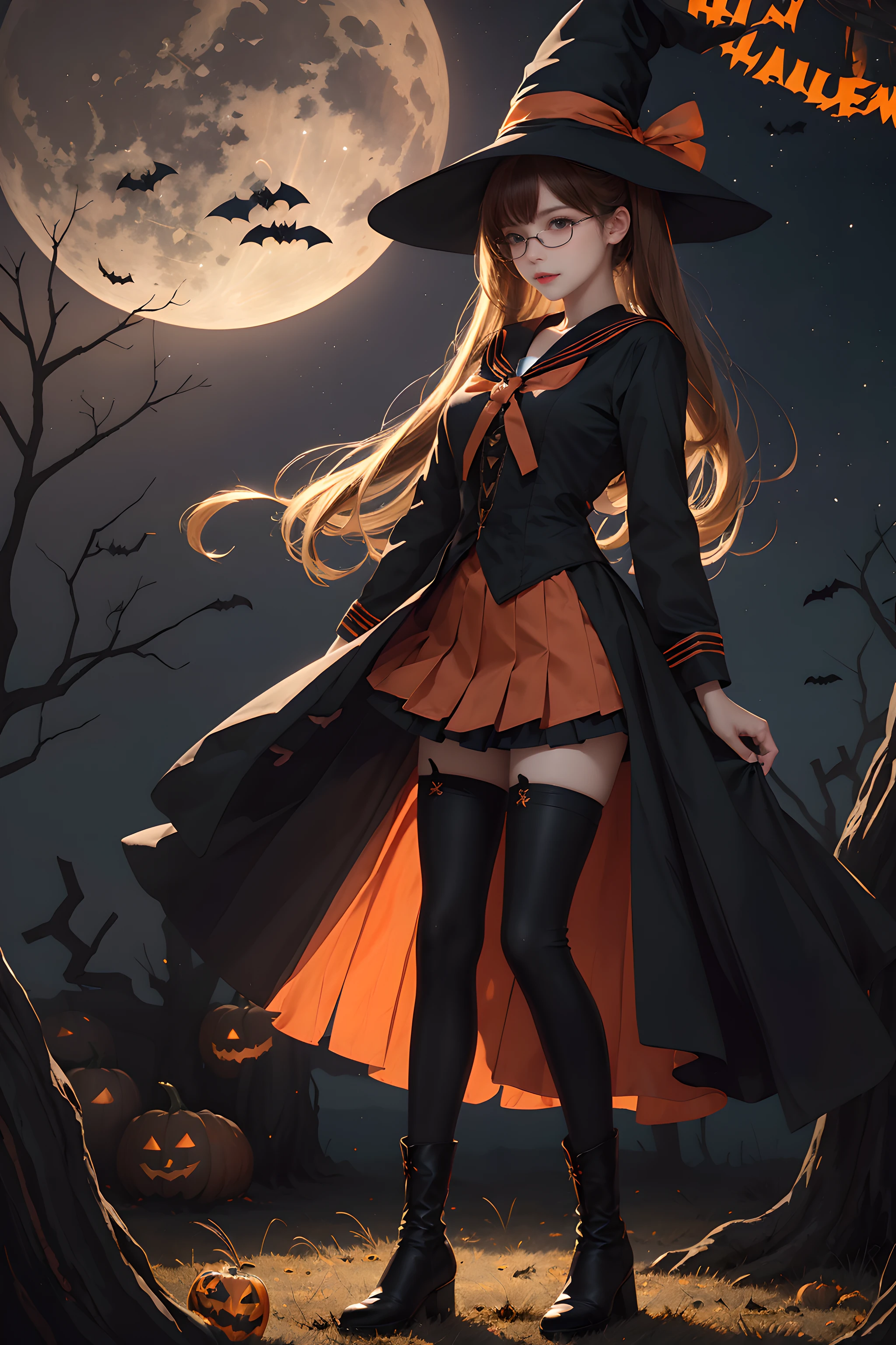 (Halloween theme:1.5), BREAK, A beautiful and powerful witch stands in the middle of a mysterious forest filled with sparkling lights of magic circles in the air and mythical tree stumps under full moon, BREAK, 1girl, magic, magic circle, tree, sky, star (sky), scenery, solo, outdoors, starry sky, night, dress, grass, moon, (red full moon:1.3), black cat, ghost, jack o'lantern, ,wearing (fusion of witch dress and sailor uniform:1.3), (red pleated skirt:1.3), (black stockings:1.3), (black boots:1.3), (wearing a glasses:1.3),