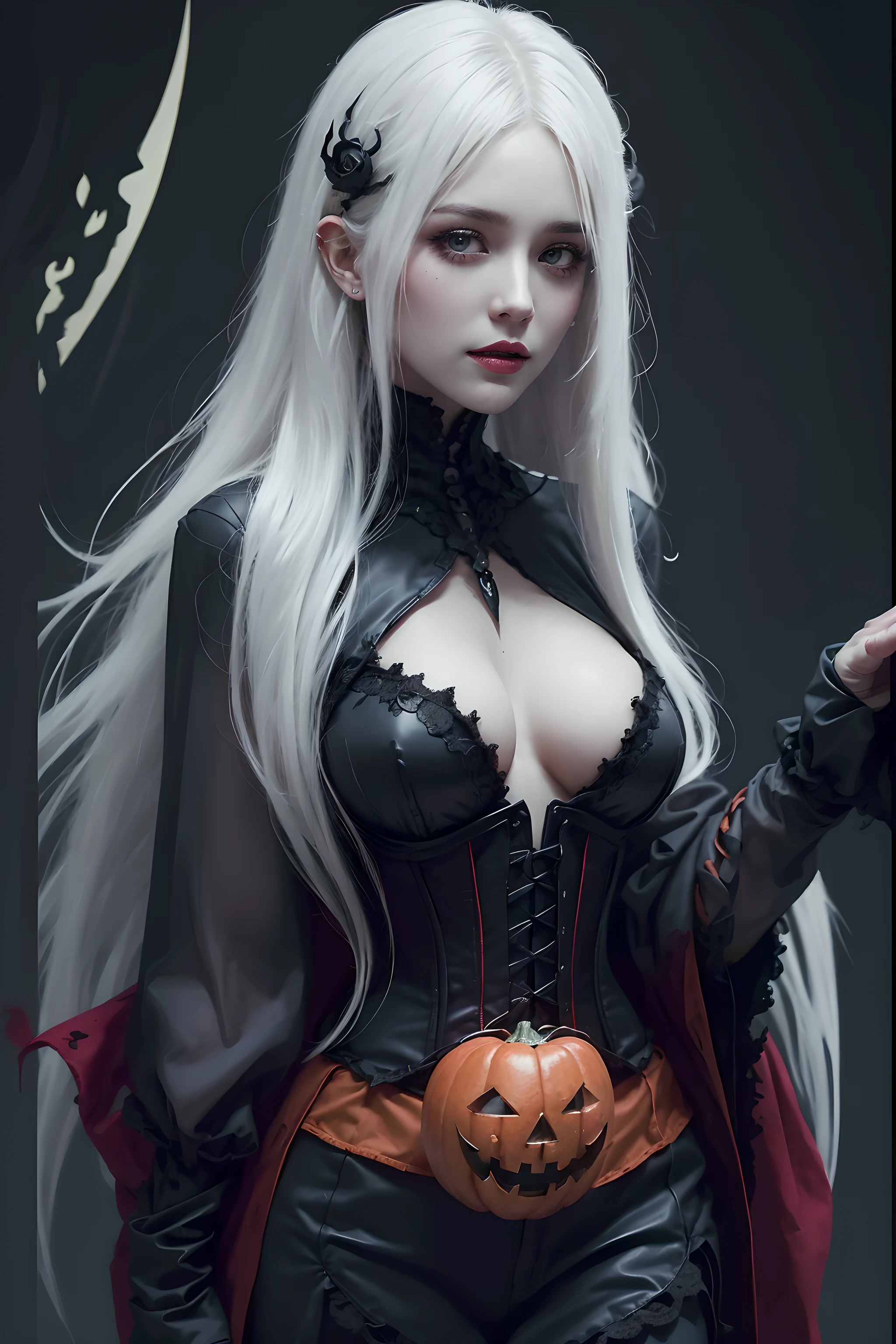 (Halloween theme:1.3), (fantasy:1.3), (vampire queen:1.3), (silver long hair:1.3), (red eyes:1.3), (vampire fangs:1.3), (extremely pretty and beautiful vampire queen:1.3), BREAK, Beautiful illustration, top-quality, (cute Russian vampire queen:1.3, Caucasian:1.3), having vampire features, (vampire queen:1.5), BREAK, (red eyes:1.5, pale skin:1.1), (beautiful, 20 years old:1.5), slim, slender, (big sagging breasts), (clean face:1.3), (vampire fangs:1.3), (ash hair:1.3), (white hair:1.3), (silver hair:1.3), BREAK, (black elegant full lacy gothic dress), (latex corset), (black latex stockings), (knee-high-over-boots, pin-hells), (insanely detailed clothes), (halloween costume), BREAK, arms behind back, arms up on head, blue eyess, lovely thighs, (jack o'lantern:1.3), (looking straight at the viewer), (view viewer:1.3), (upper body:1.3), top angle, simple black background, (((dark background:1.5))), (halloween), (halloween background), ,fantasy