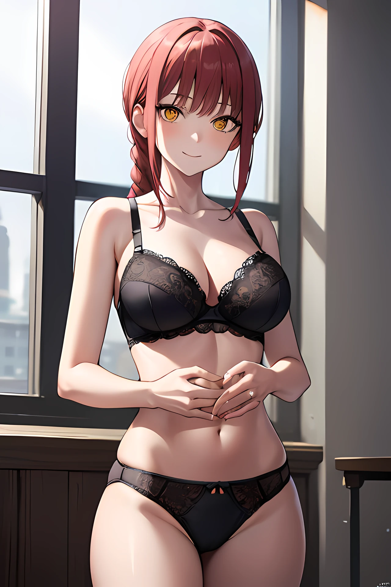 makima, makima, long hair, smile, bangs, (large breasts:1.2), (yellow eyes:1.2), braid, red hair, braided ponytail, ringed eyes, BREAK navel, cleavage, underwear, collarbone, panties, thighs, black panties, underwear only, lingerie, black bra, BREAK indoors, office, BREAK looking at viewer, BREAK (masterpiece:1.2), best quality, high resolution, unity 8k wallpaper, (illustration:0.8), (beautiful detailed eyes:1.6), extremely detailed face, perfect lighting, extremely detailed CG, (perfect hands, perfect anatomy),