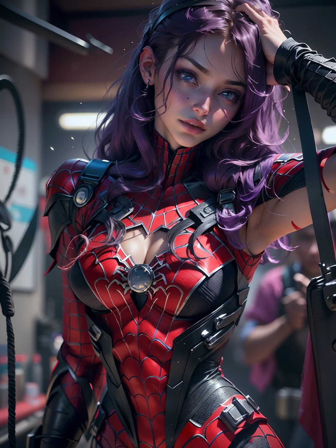 (fotorrealista, Obra maestra, Super detail, Galardonado, 8k:1-2), beautiful woman, Cuerpo definido detallado, Usando el cosplay de Spider Man Morado y rojo, 1girl, solamente, atmosphric perspective, NIKON, piel texturizada, ojos de color morado oscuro, cabello extra largo