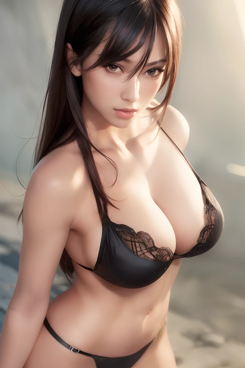 1girl, solo, shiny skin, breasts, highly detailed, ultra-detailed, ultra high res, (photorealistic:1.4), (best quality), (best shadow), detailed, perfect lighting, black hair, long hair, (large breasts:1.3),