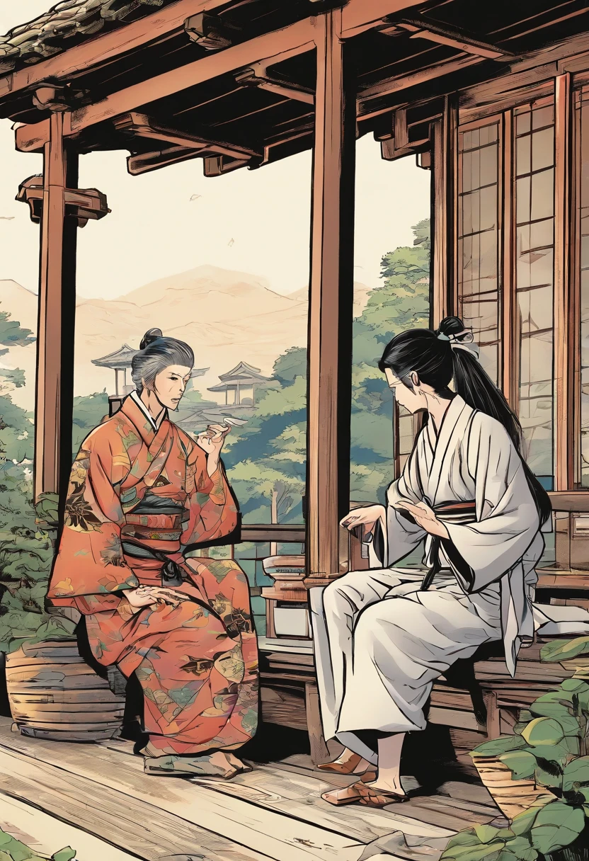 A ninja lady in ninja clothes teaching her grandson how to be a ninja on the backyard porch of a house in Japan during the ninja era