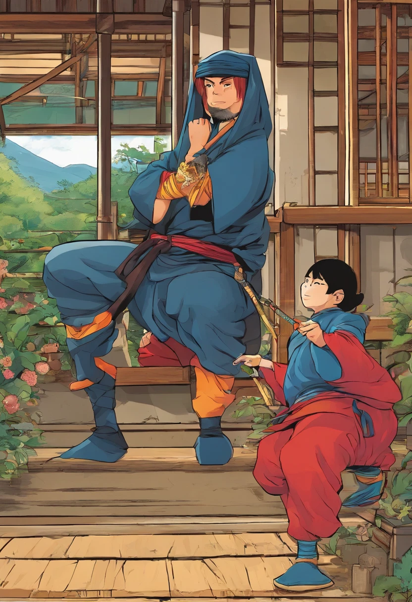 A ninja lady in ninja clothes teaching her grandson how to be a ninja on the backyard porch of a house in Japan during the ninja era
