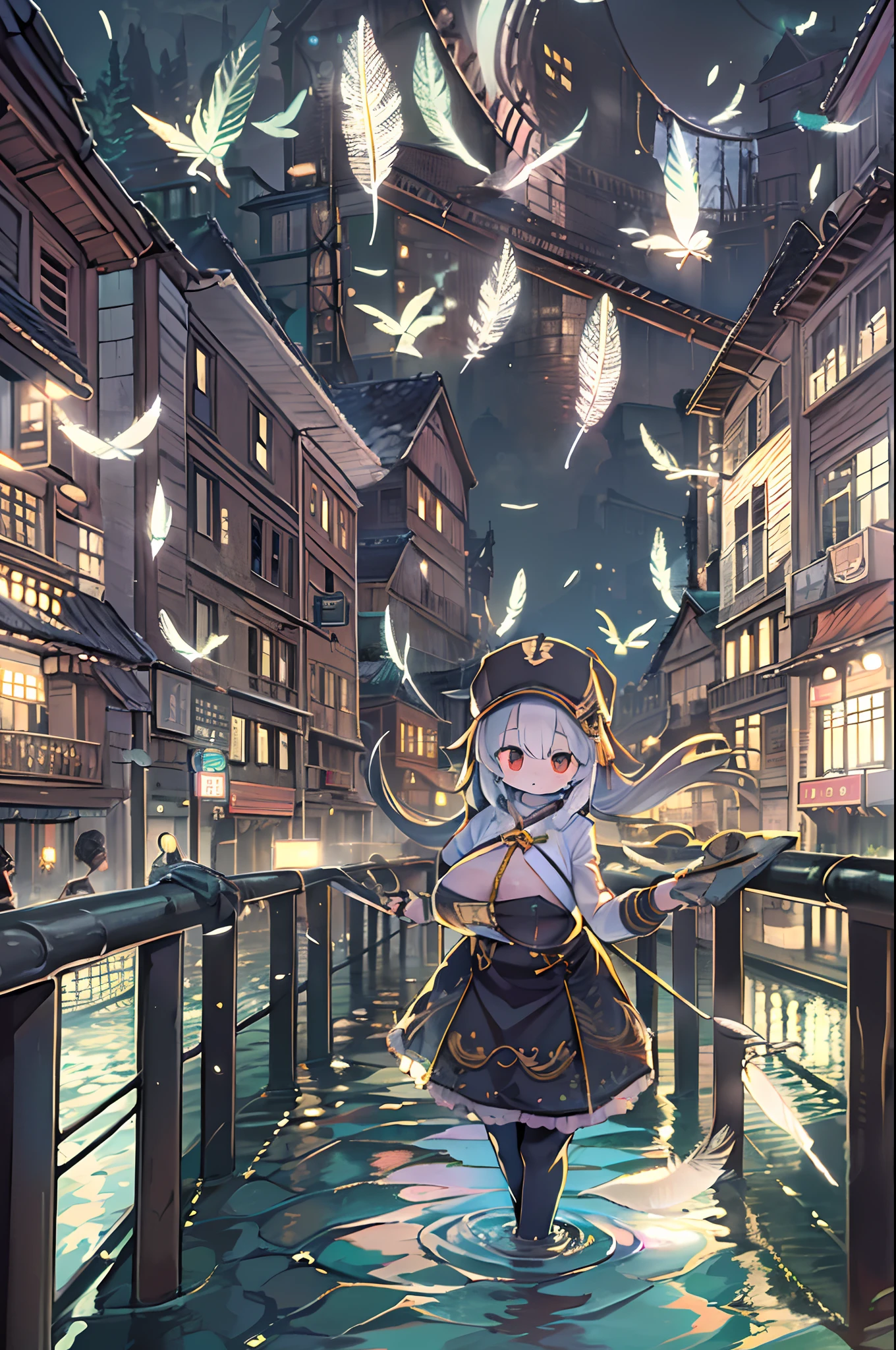 absurderes, hight resolution,, (1girl in, Solo), Big eyes,, townscape,, (Water Effects, Light Effects, fluttering feathers:1.2),bbw