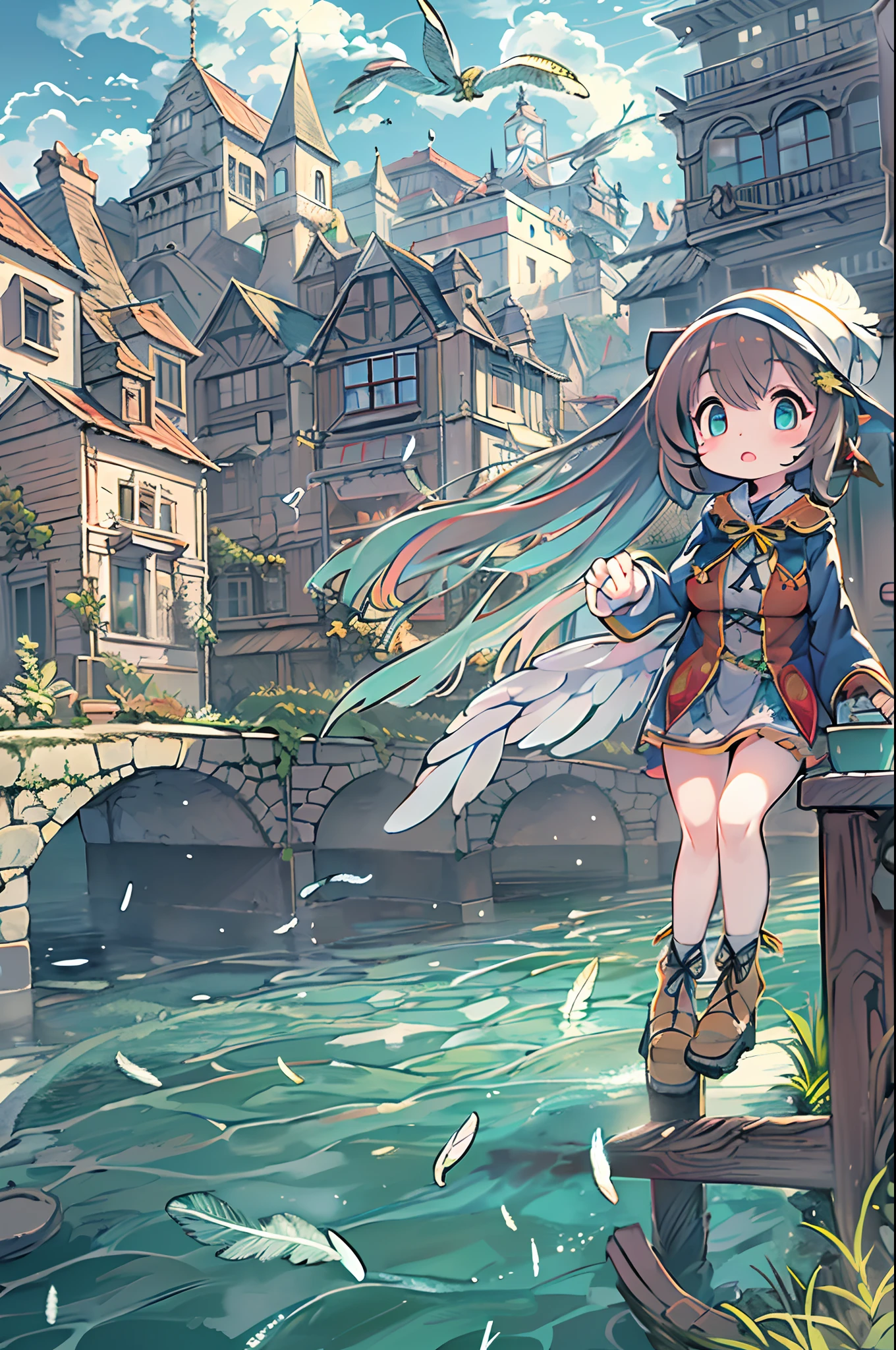 absurderes, hight resolution,, (1girl in, Solo), Big eyes,, townscape,, (Water Effects, Light Effects, fluttering feathers:1.2),bbw