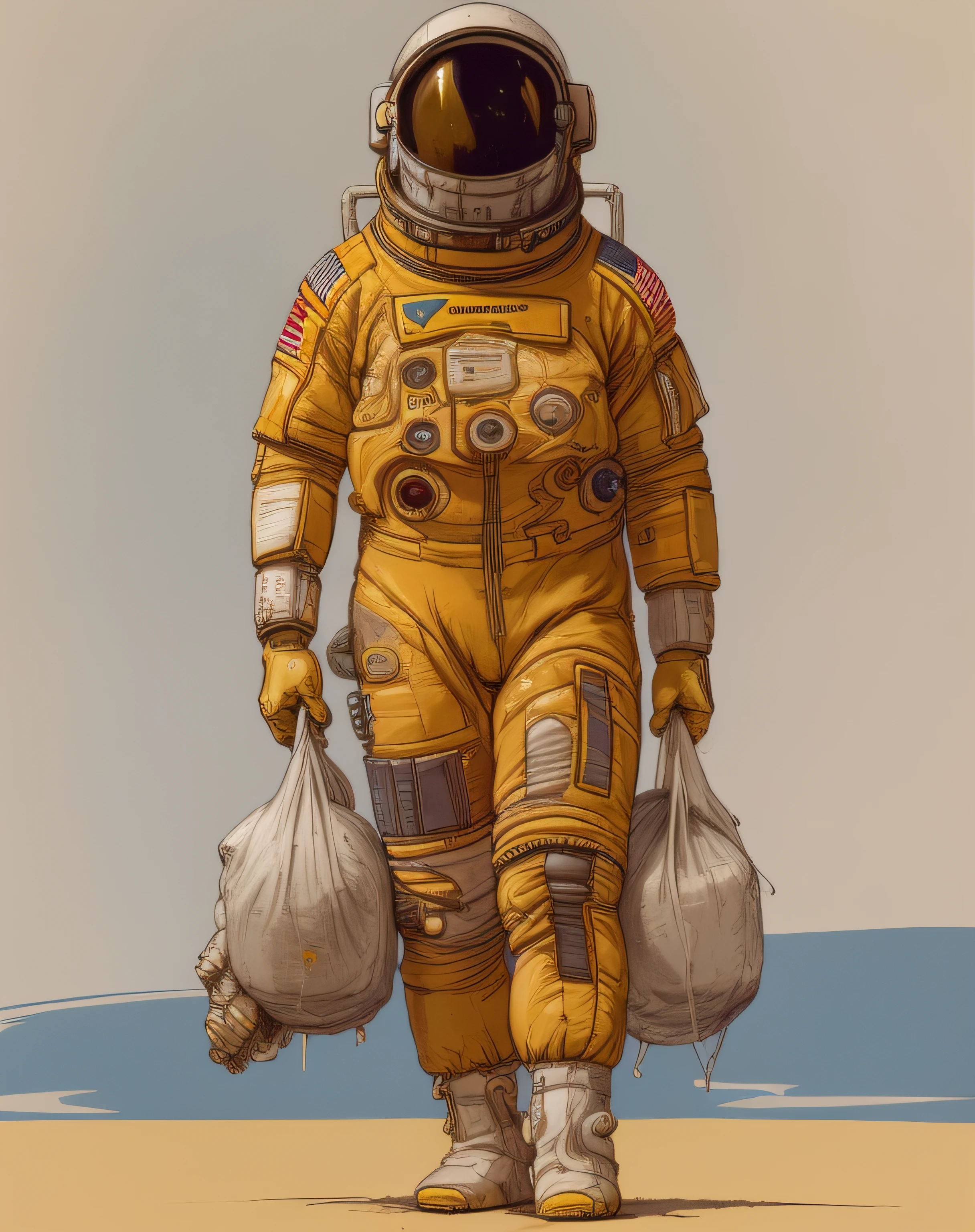 Photo of a man in a spacesuit with a bag of garbage, dressed in a spacesuit, Yellow spacesuit, Fully suitable for indoor use, Dusty spacesuit, spacesuit, with a space suit on, portrait of astronaut, style by Craig Mullins, spacesuit, portrait of an ai astronaut, Futuristic spacesuit, Detailed spacesuit, in a flight suit, futuristic astronaut