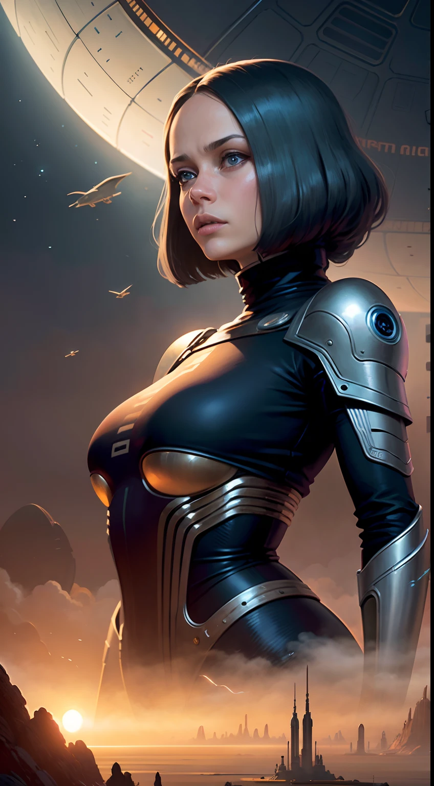 RAW, 1girl, colorful, ((white matte armor, blue lights )), (masterpiece, best quality), ((blunt pixiecut:1.6)) (gigantic breasts:1.2), (uniboob:1.5) (detailed skin:1.3, detailed face:1.3), dslr, realistic, (((seductive pose, detailed galaxy landscape))), delicate, soft colors, cinematic lighting