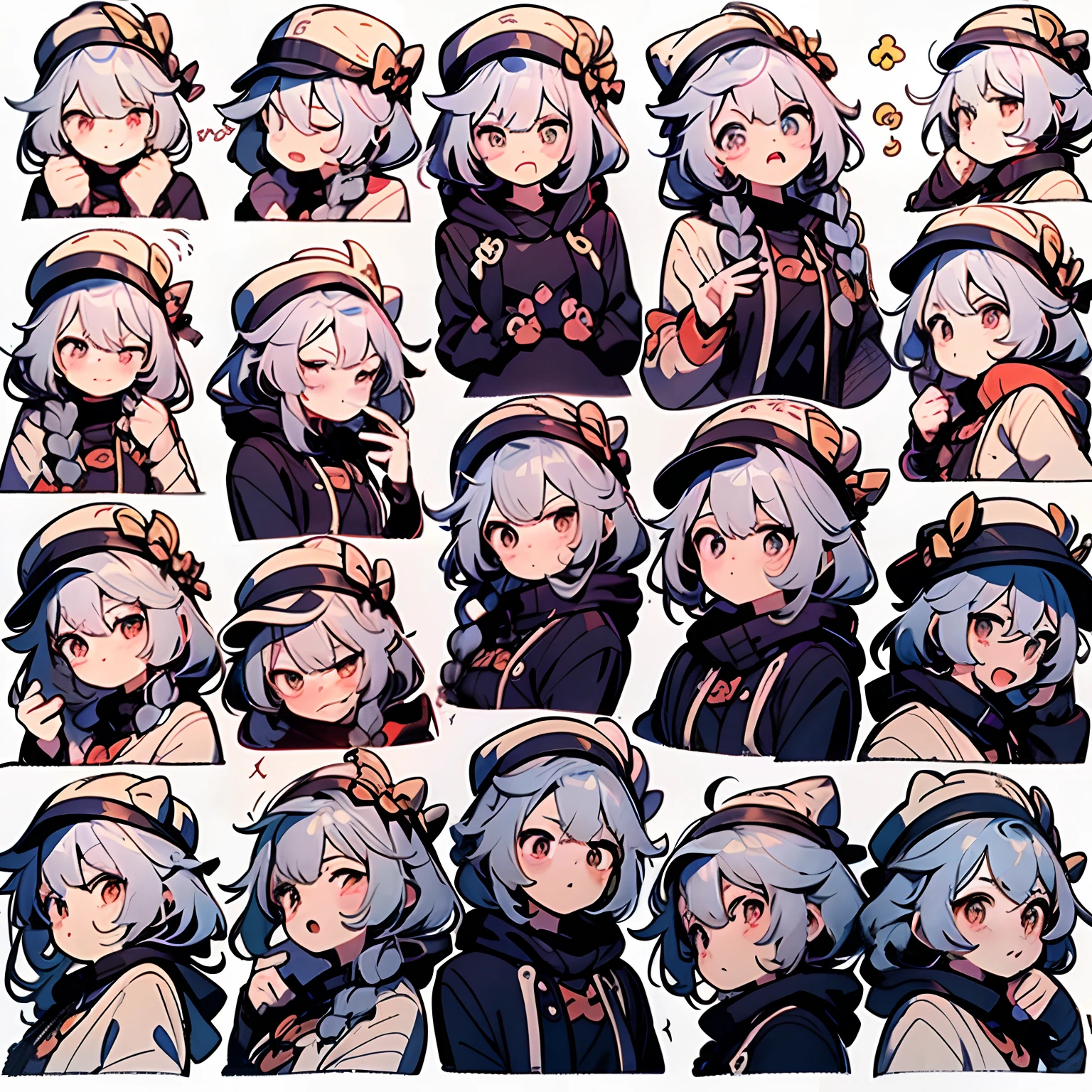 1girll, (HuTao_Genshin,Hats),9 grids,3*3 grids,9 emoji packs,9 poses and expressions,Disney style,Black strokes,Different emotions,8K
