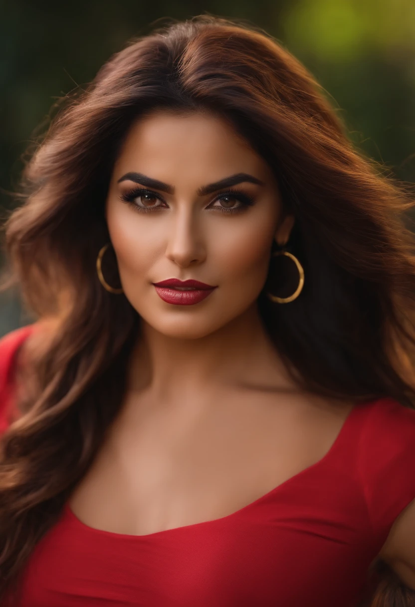 una impresionante mujer latina con el pelo largo y desordenado, con senos grandes, levantadose una faldita roja y con las piernas abiertas parada frente a la camara