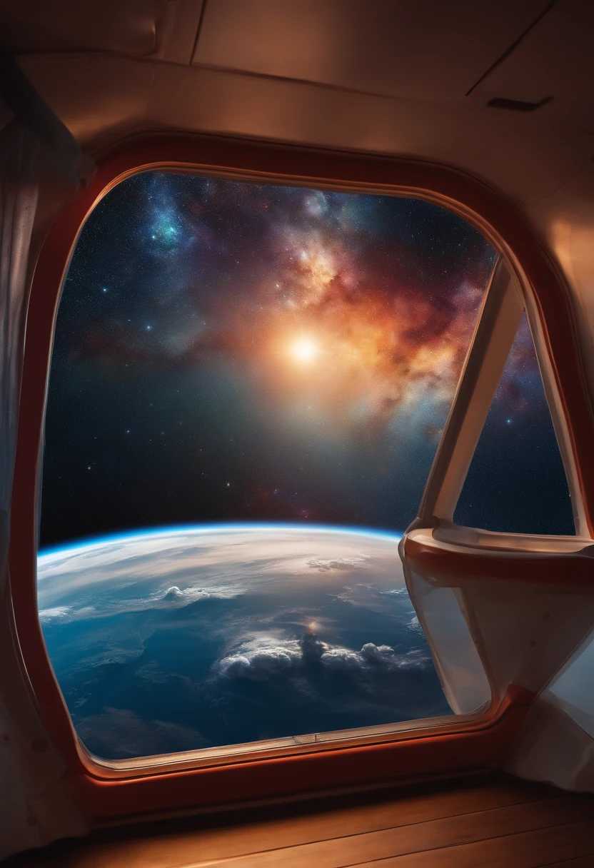 Scene of a landscape window with a view into space and a person sleeping inside the ship