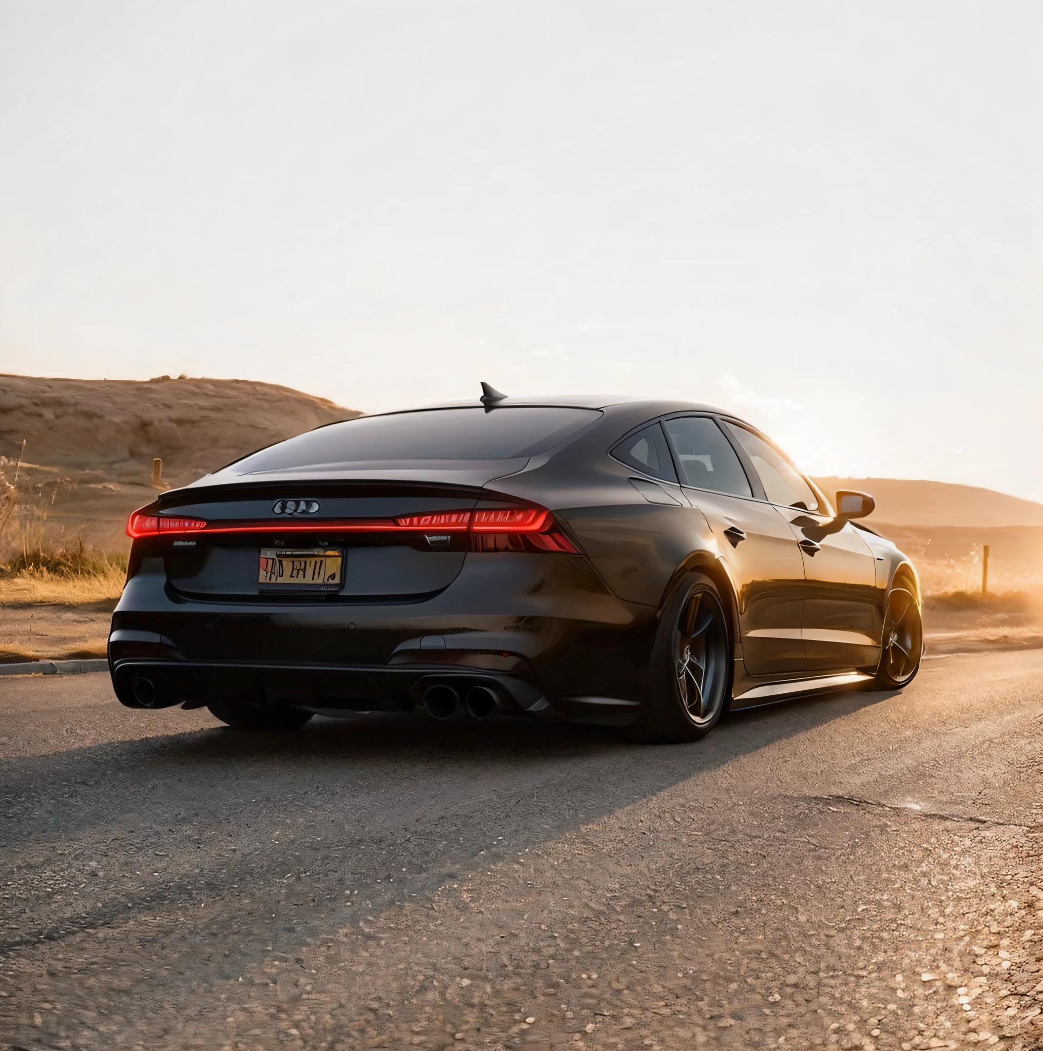 Close-up of a black car driving on the road, tail lights, Wide body, with a sleek spoiler, The light from the back window is backlighted, The light from the back window is backlighted, perfectly poised, ✏️🎨, 🔞🤡, modern minimalist f 2 0,Ultra-clear 8K back lighting, Frontlighting, The light from the back window is backlighted!!, on back, Black car, Beautiful backlight, poised, dusk setting, low view