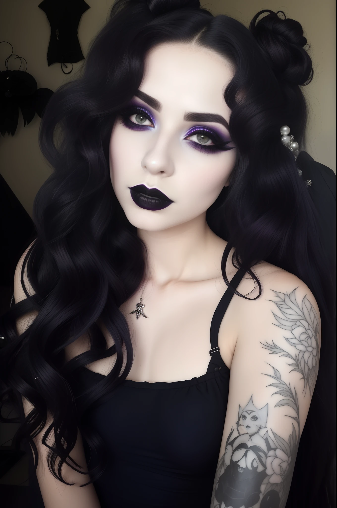 um close up de uma mulher com uma maquiagem preta e roxa, wearing goth makeup, 1 7 - year - old goth girl, goth makeup, pale goth beauty, goth vibe, gothic horror vibes, bubble gothic makeup, goth makeup, goth girl, violeta e preto, pale skin and purple eyes, maquiagem escura, goth girl aesthetic, gothic aesthetic, cabelo e maquiagem escuros, qualidade profissional, motor unreal