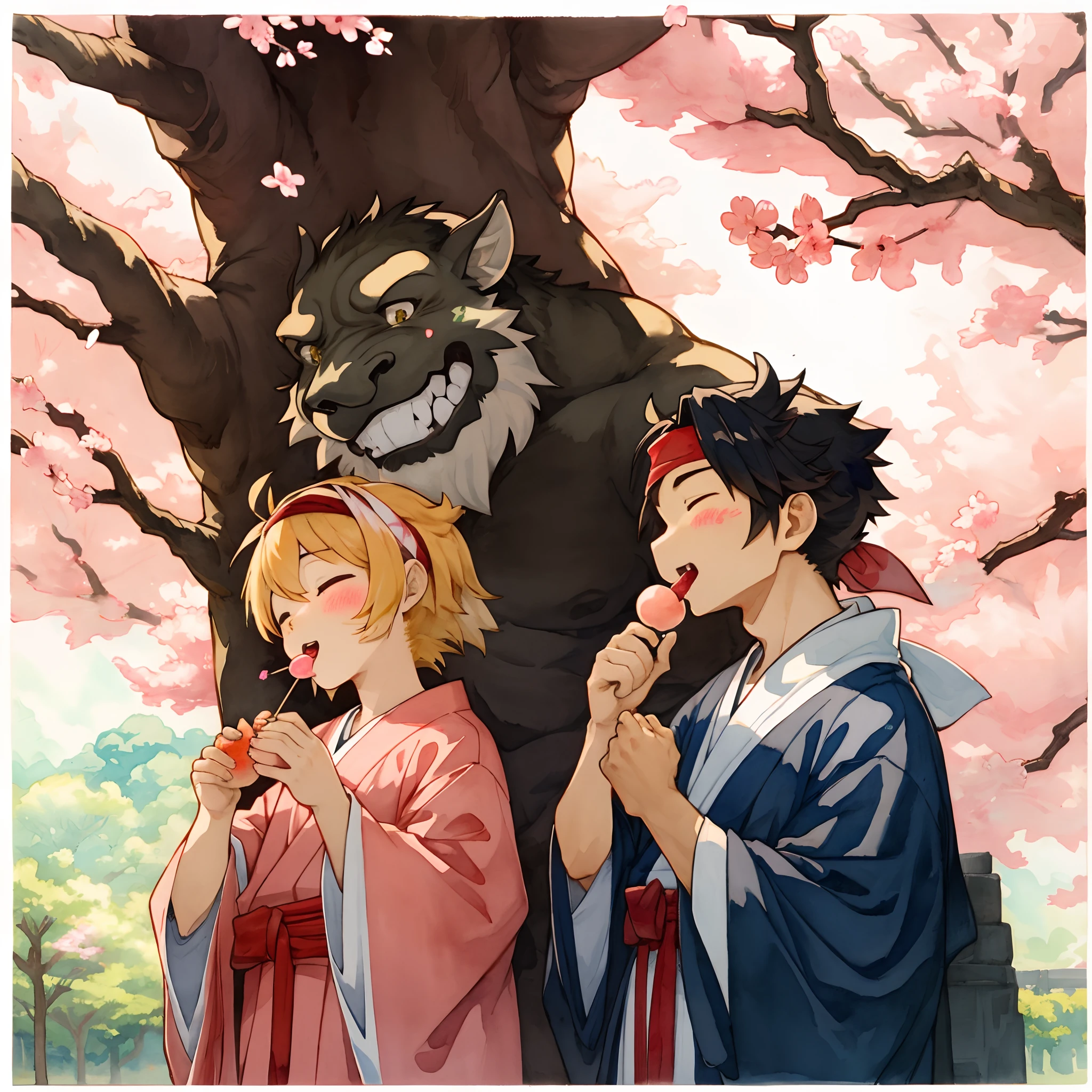 cover_page, Watercolor, Momotaro Wear peach-marked hachimaki, jinbaori, cherry blossom tree, ogre, joyful moment, dango, eating,