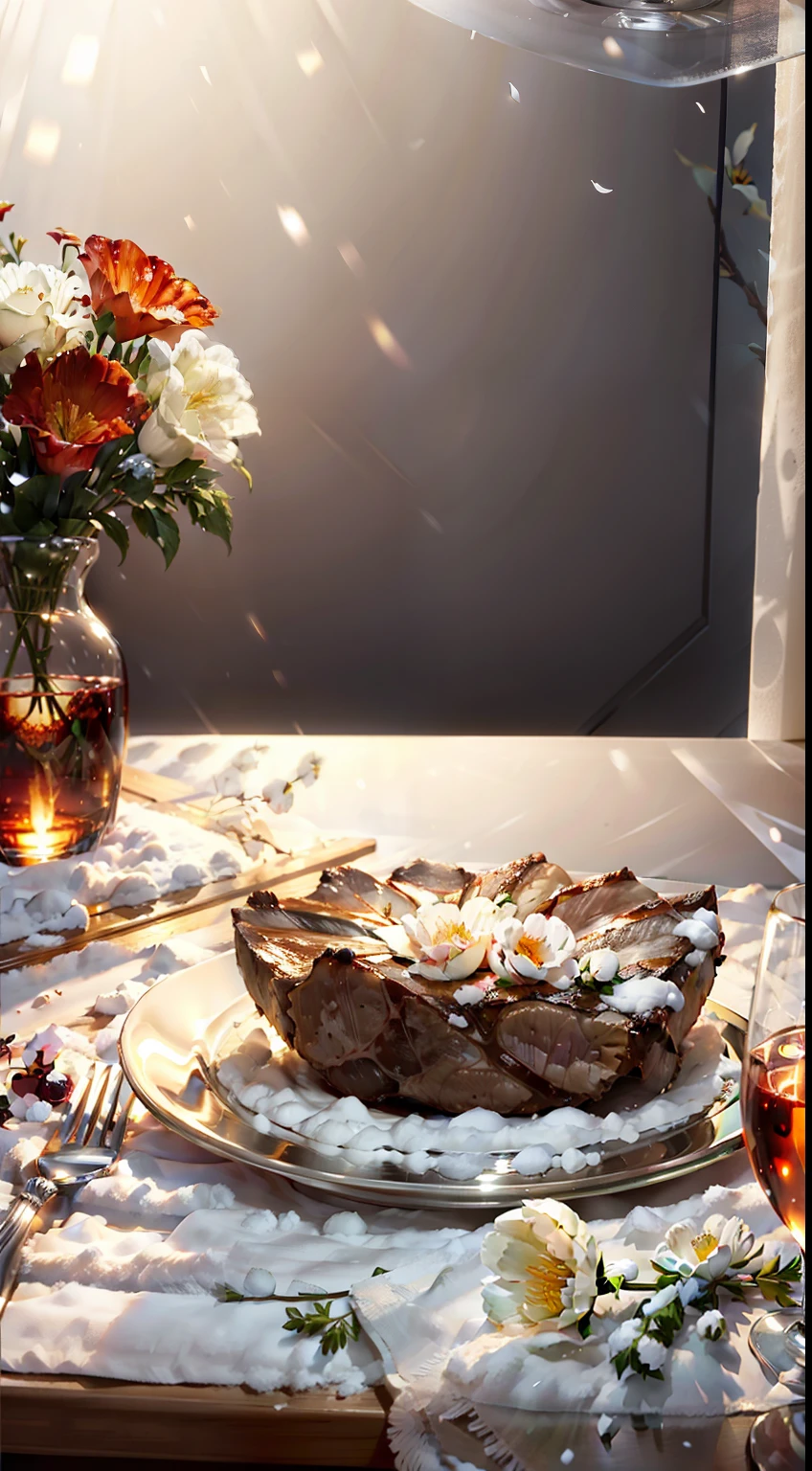 Extreme close-up，Clear，tmasterpiece，Bar，Delicious grilled meat on the table，claret，wineglass，fruit platter，Beautiful vase with flowers，Bright lights，luz de velas，It was a winter night outside the window，There is snow on the windowsill，Translucent curtains，in the bar，C4D，Empty product display scene，Positive perspective，first person perspective
