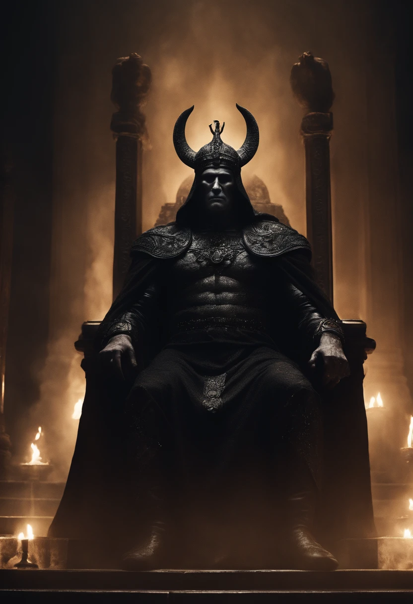 Imagine an image with maximum quality and advanced levels of detail. The setting is the Underworld, a dark and mysterious realm. Hades, the Greek god of the underworld, sits on a majestic ebony throne, located in a grand and gloomy hall. The room is decorated with dark gemstones and an atmosphere full of shadows, creating a cinematic style.

Hades is represented as an imposing and dark god, dressed in black robes that appear to be made of shadows and smoke. He has a regal and powerful appearance, with an icy and penetrating gaze. In his right hand, he wields his bident, a sharp-bladed weapon that shines with a sinister shine. Hades sits with dignity, his posture expressing authority and command over the realm of the dead.

The lighting is dramatic, with scant rays of light piercing the gloomy environment, highlighting the god and his throne. The scene conveys a sense of mystery and power, capturing the essence of the god of the underworld in all its splendor.