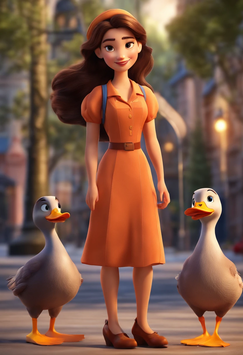 create a Disney poster of a young woman with dark brown hair and brown eyes in a navy blue dress in London with a pet duck, Pixar Character, 3D, cartoon, Title DUCK AND GIRL