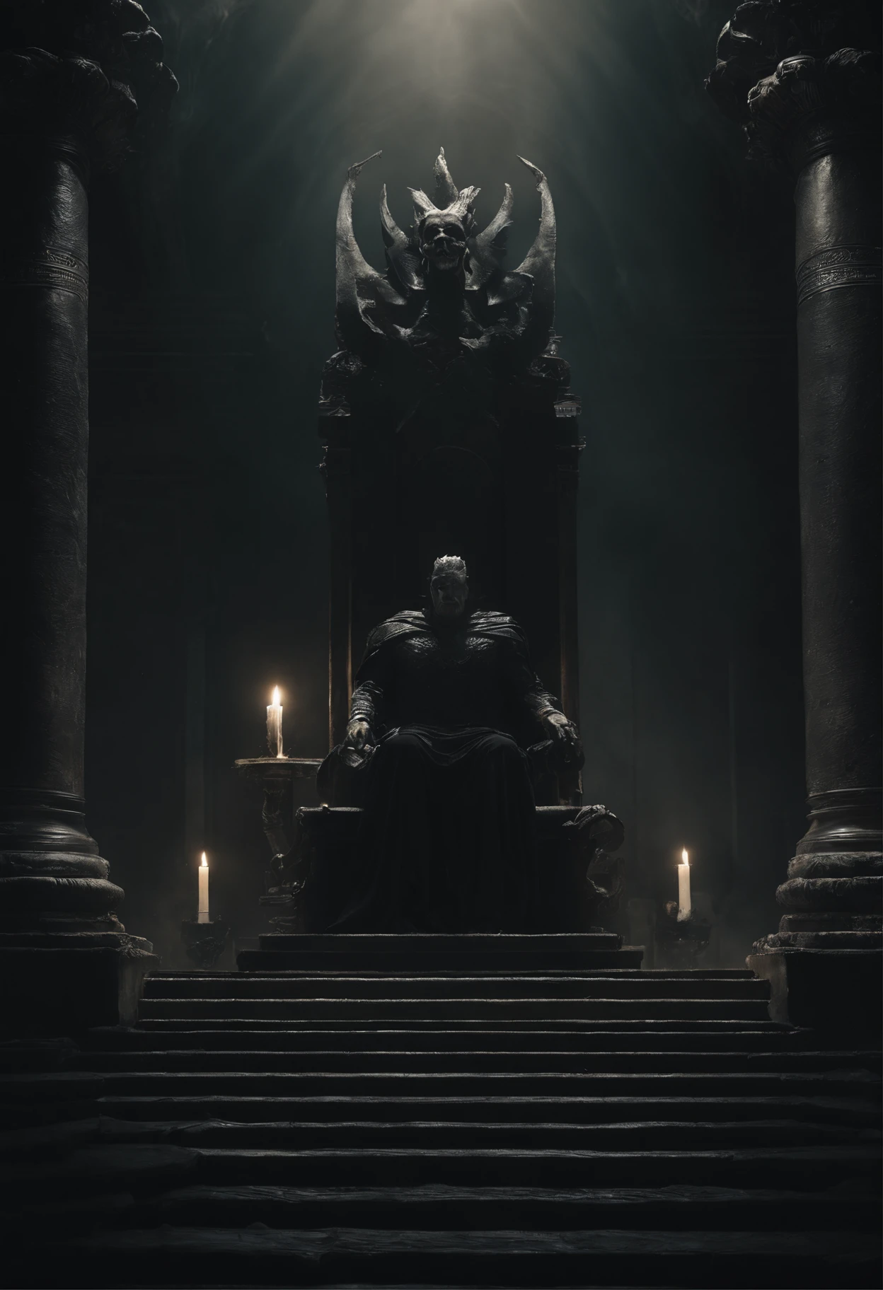 Imagine an image with maximum quality and advanced levels of detail. The setting is the Underworld, a dark and mysterious realm. Hades, the Greek god of the underworld, sits on a majestic ebony throne, located in a grand and gloomy hall. The room is decorated with dark gemstones and an atmosphere full of shadows, creating a cinematic style.
Hades is represented as an imposing and dark god, dressed in black robes that appear to be made of shadows and smoke. He has a regal and powerful appearance, with an icy and penetrating gaze. In his right hand, he wields his bident, a sharp-bladed weapon that shines with a sinister shine. Hades sits with dignity, his posture expressing authority and command over the realm of the dead.
The lighting is dramatic, with scant rays of light piercing the gloomy environment, highlighting the god and his throne. The scene conveys a sense of mystery and power, capturing the essence of the god of the underworld in all its splendor.
