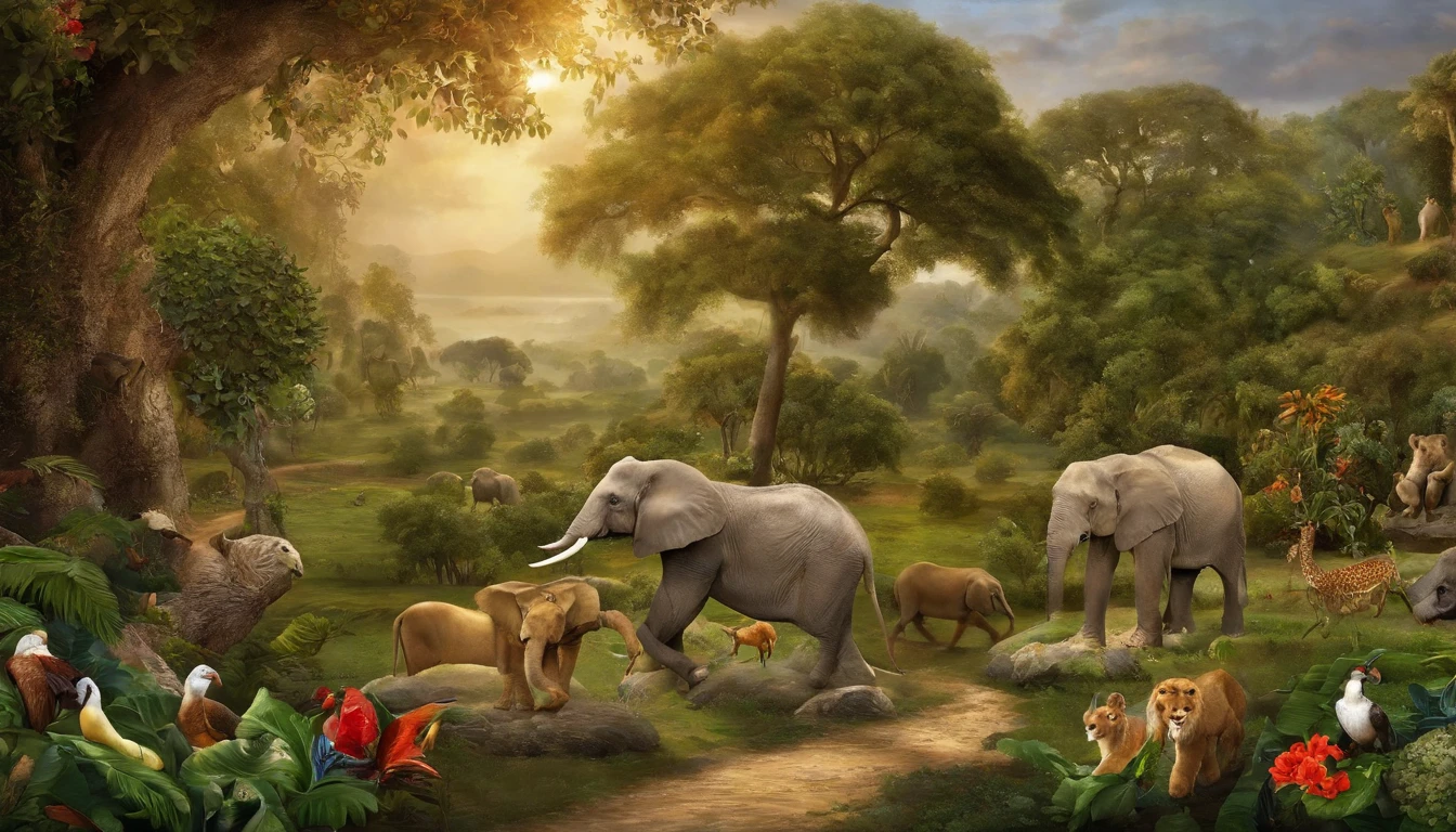 Adam and Eve in the Garden of Eden, surrounded by animals and plants from all over the world. Adam and Eve are shown standing in the center of the image, facing God. God is standing above them, with His hands raised in blessing. Around Adam and Eve are a variety of animals, including lions, tigers, bears, elephants, giraffes, birds, and fish. There are also a variety of plants, including trees, flowers, and fruits. The overall mood of the painting is one of peace, abundance, and harmony.